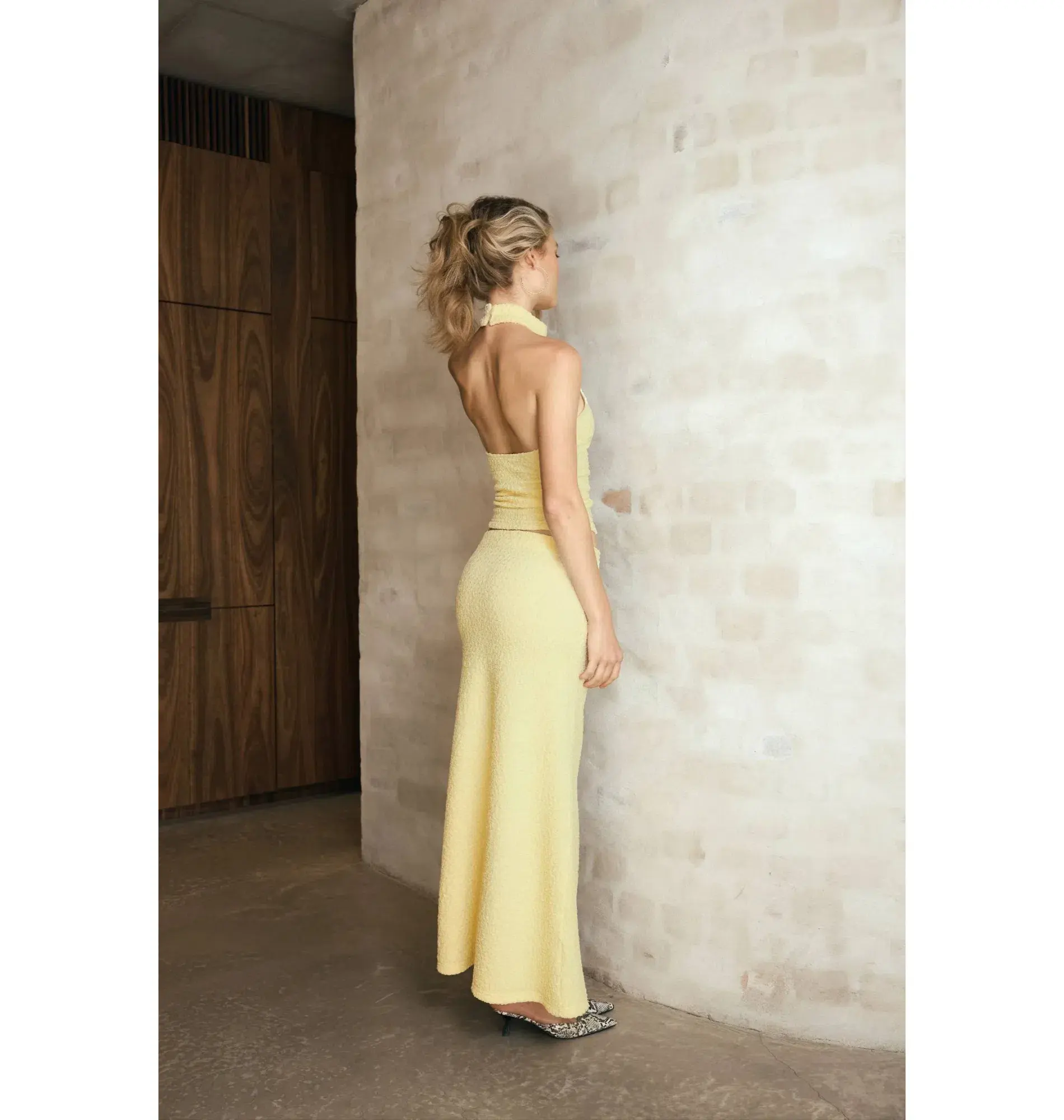 With Harper Lu Textured Halter Top and Maxi Skirt in Limoncello Set Size M / AU 10 - Image 4