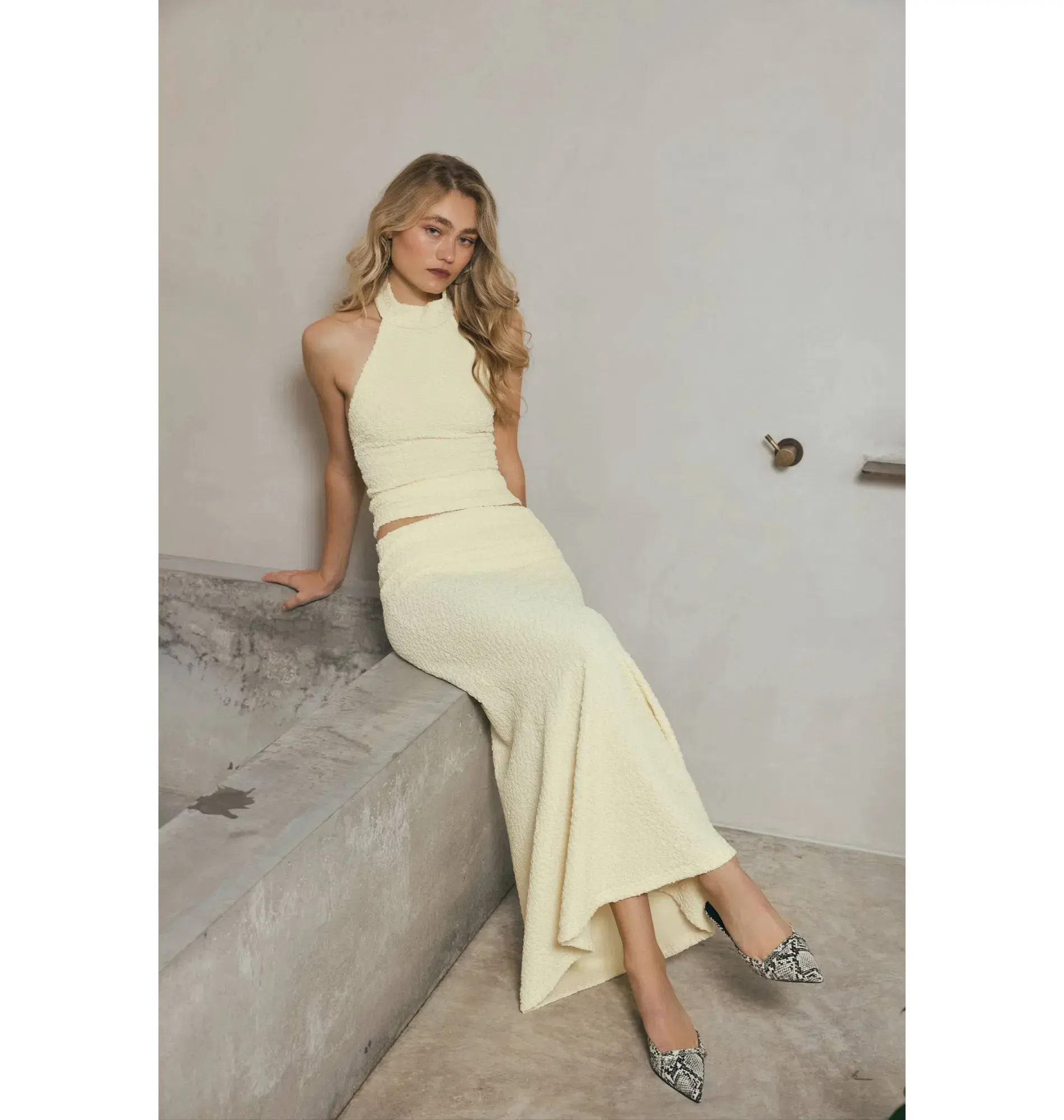 With Harper Lu Textured Halter Top and Maxi Skirt in Limoncello Set Size M / AU 10 - Image 6