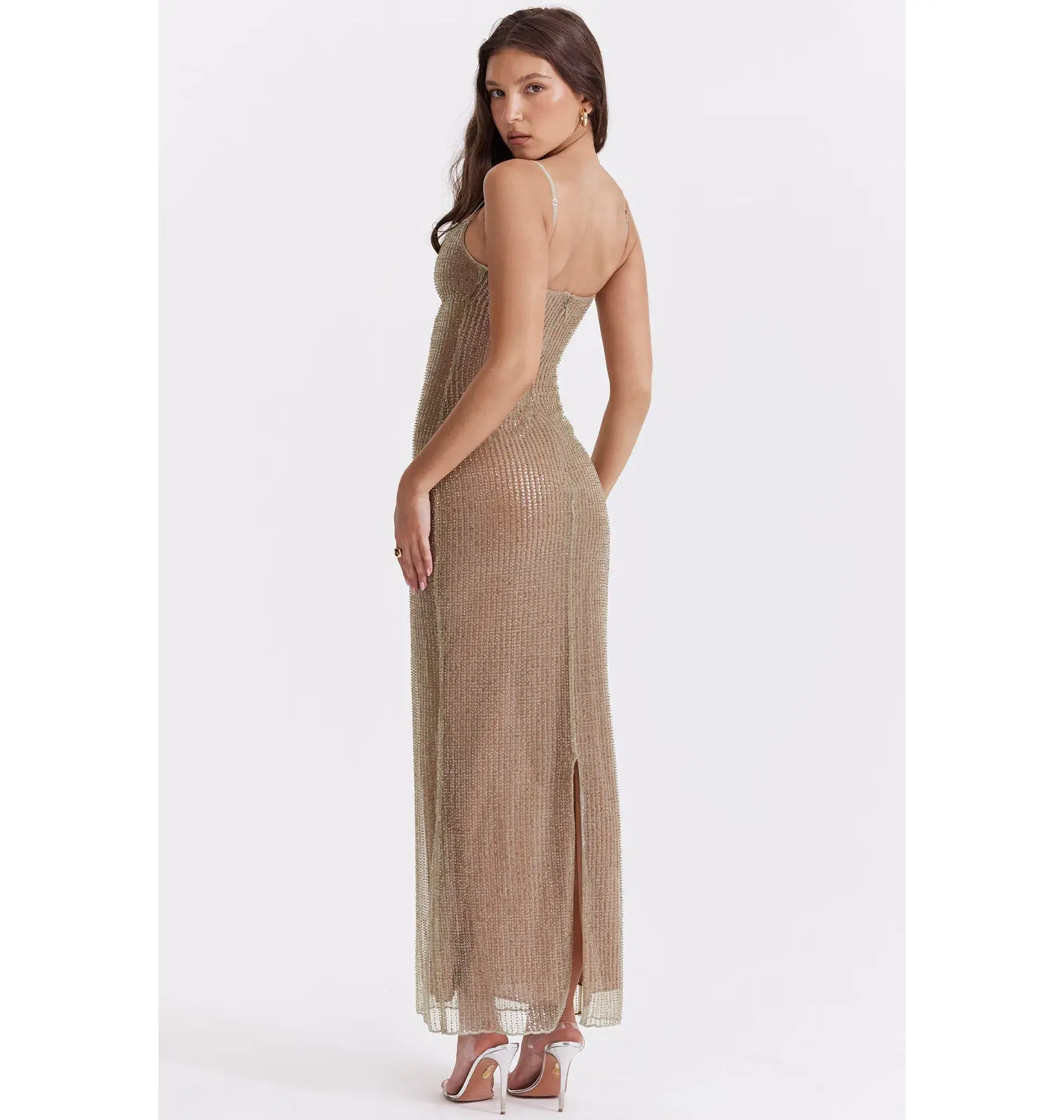 House of CB Alondra Beaded Maxi Dress Cafe Au Lait Size AU 6 - Image 3
