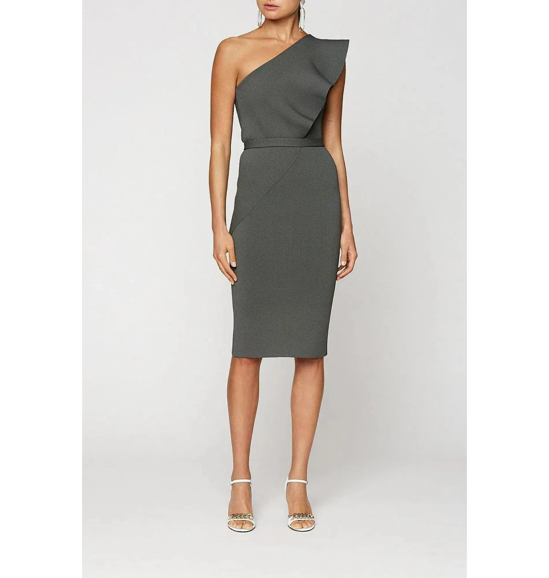 Scanlan Theodore Crepe Knit One Shoulder Ruffle Midi Dress Khaki Size XS / AU 6  - Image 1