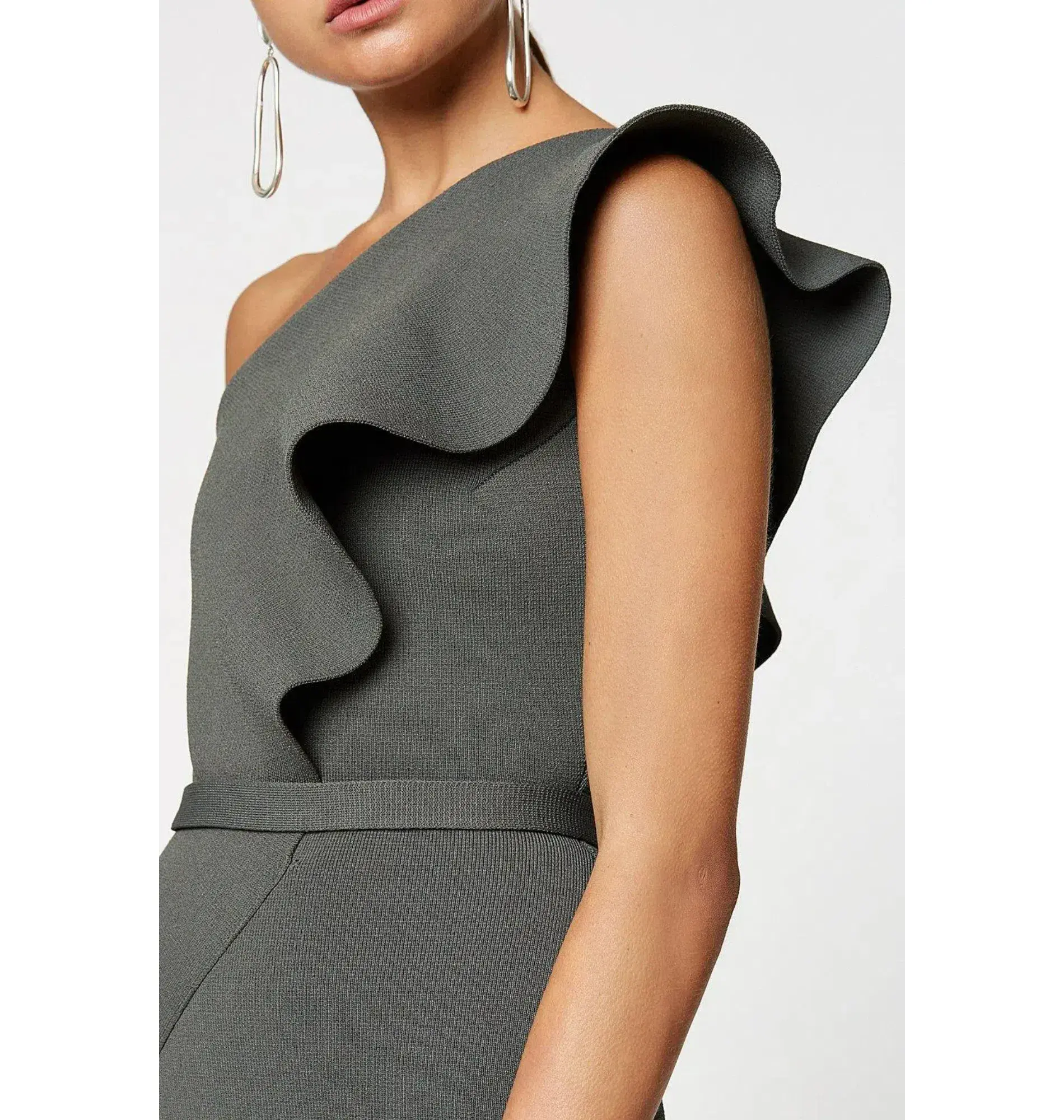 Scanlan Theodore Crepe Knit One Shoulder Ruffle Midi Dress Khaki Size XS / AU 6  - Image 4