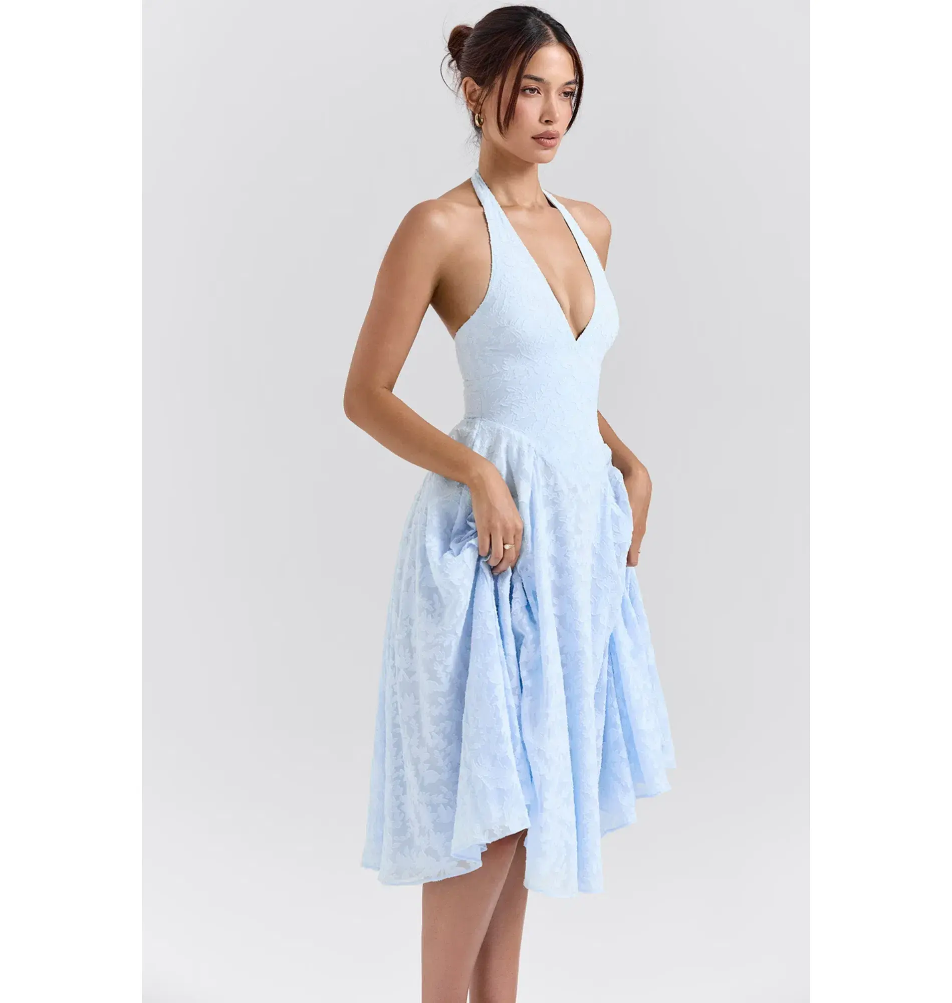 House of CB Arietta Jacquard Halter Midi Dress Bluebell Floral Size AU 6  - Image 2