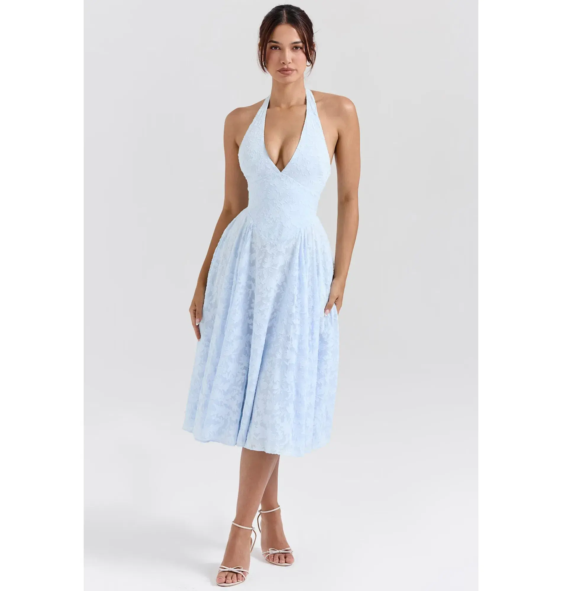 House of CB Arietta Jacquard Halter Midi Dress Bluebell Floral Size AU 6  - Image 1