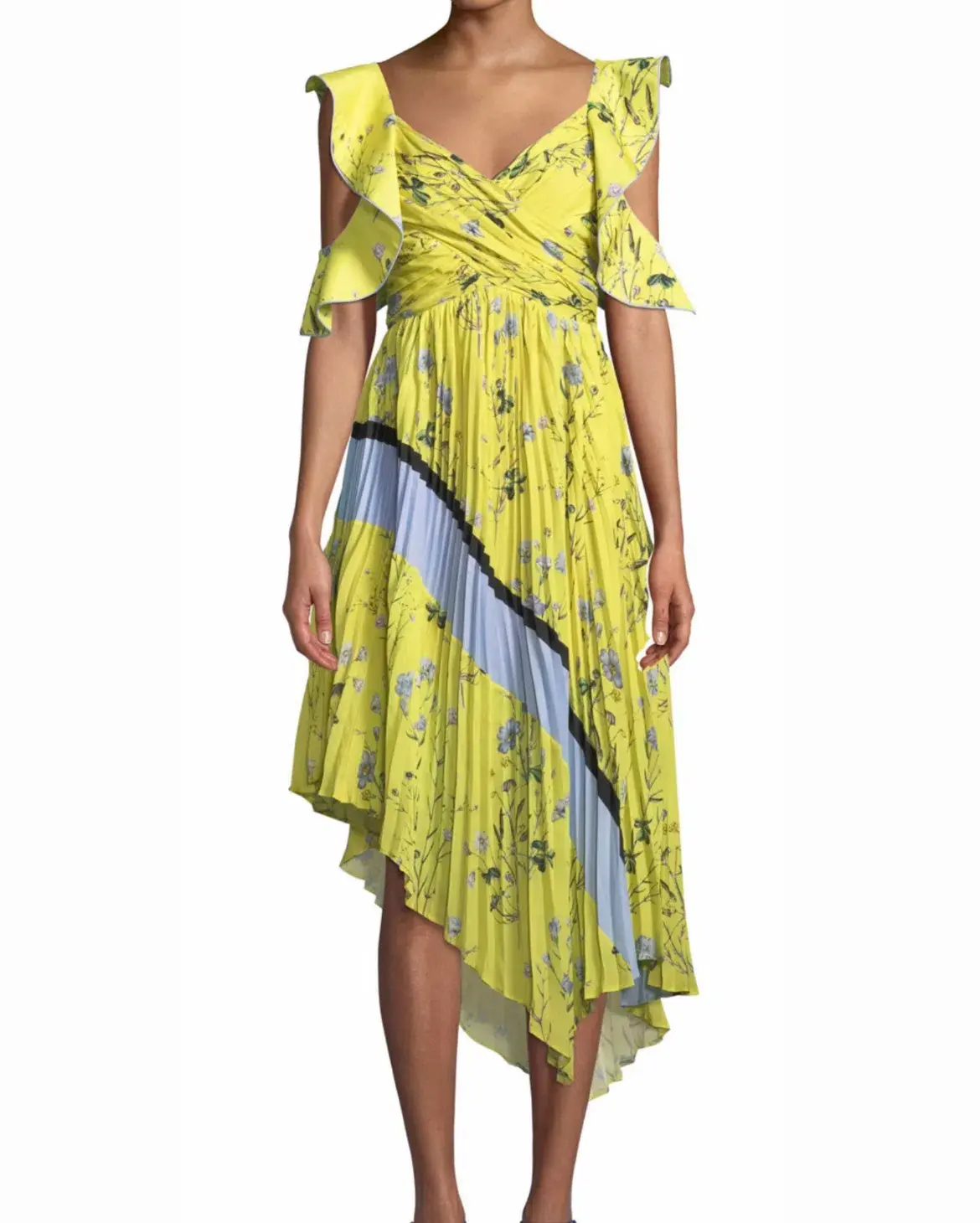 Self-portrait Floral Pleated Asymmetrical Dress In Yellow Size AU 8/ US 4 - Image 1