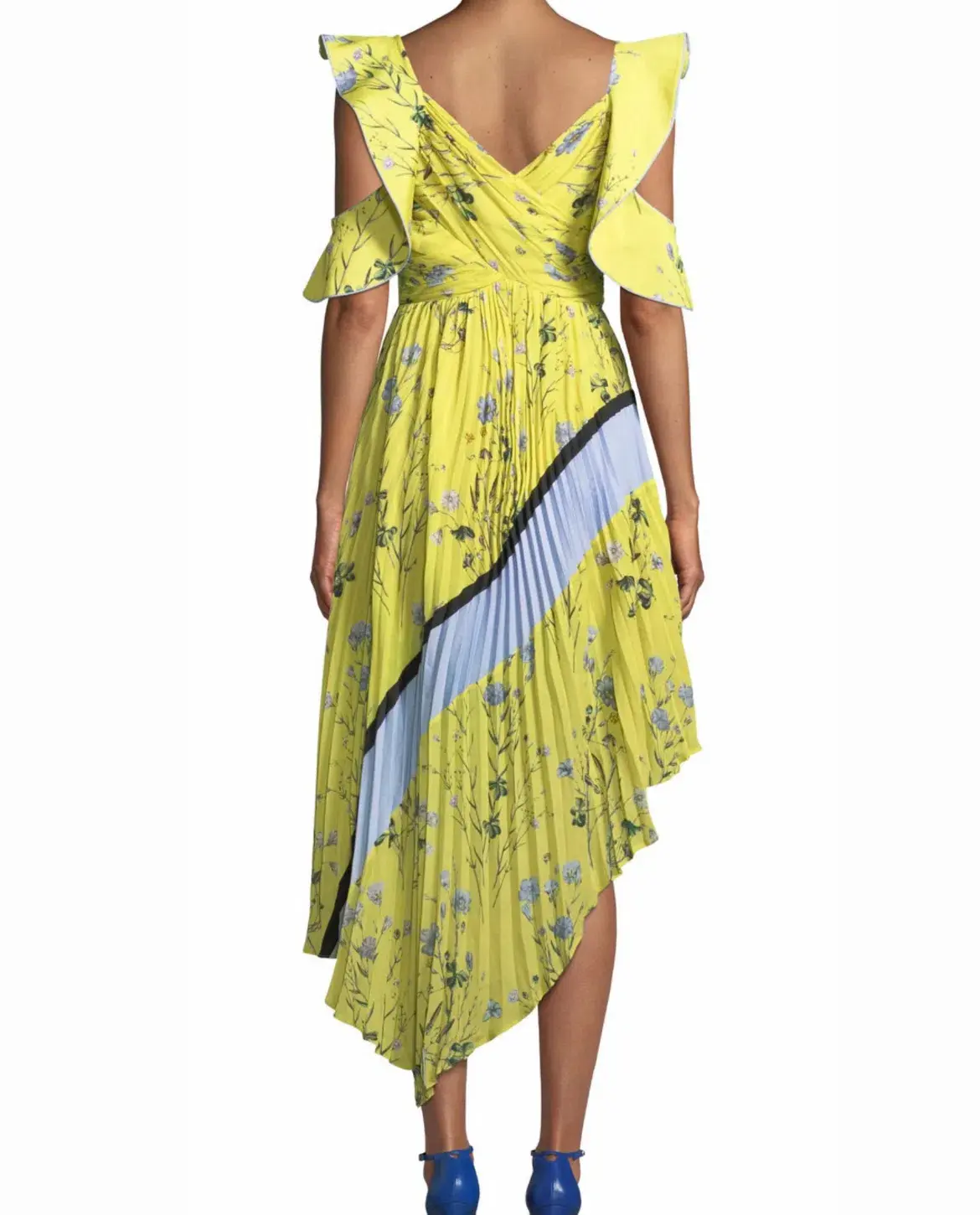 Self-portrait Floral Pleated Asymmetrical Dress In Yellow Size AU 8/ US 4 - Image 2
