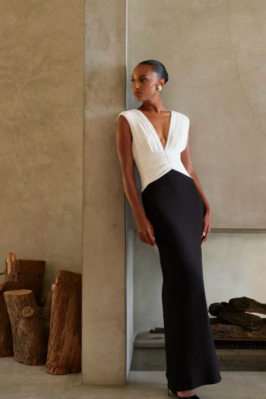 MESHKI Monique Contrast Maxi Dress Black White Size /Au12  for rent on The Volte - main image