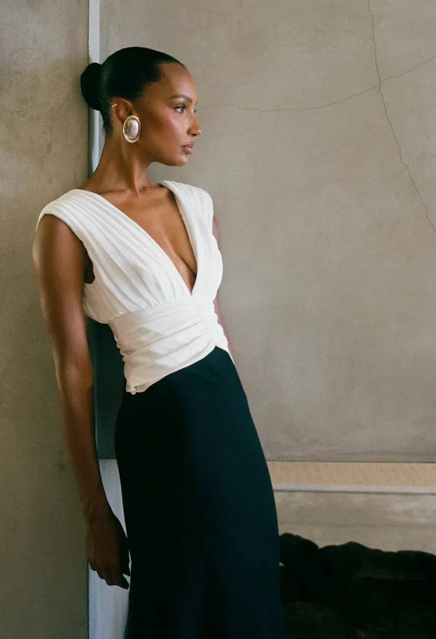 MESHKI Monique Contrast Maxi Dress Black White Size /Au12  for rent on The Volte - main image