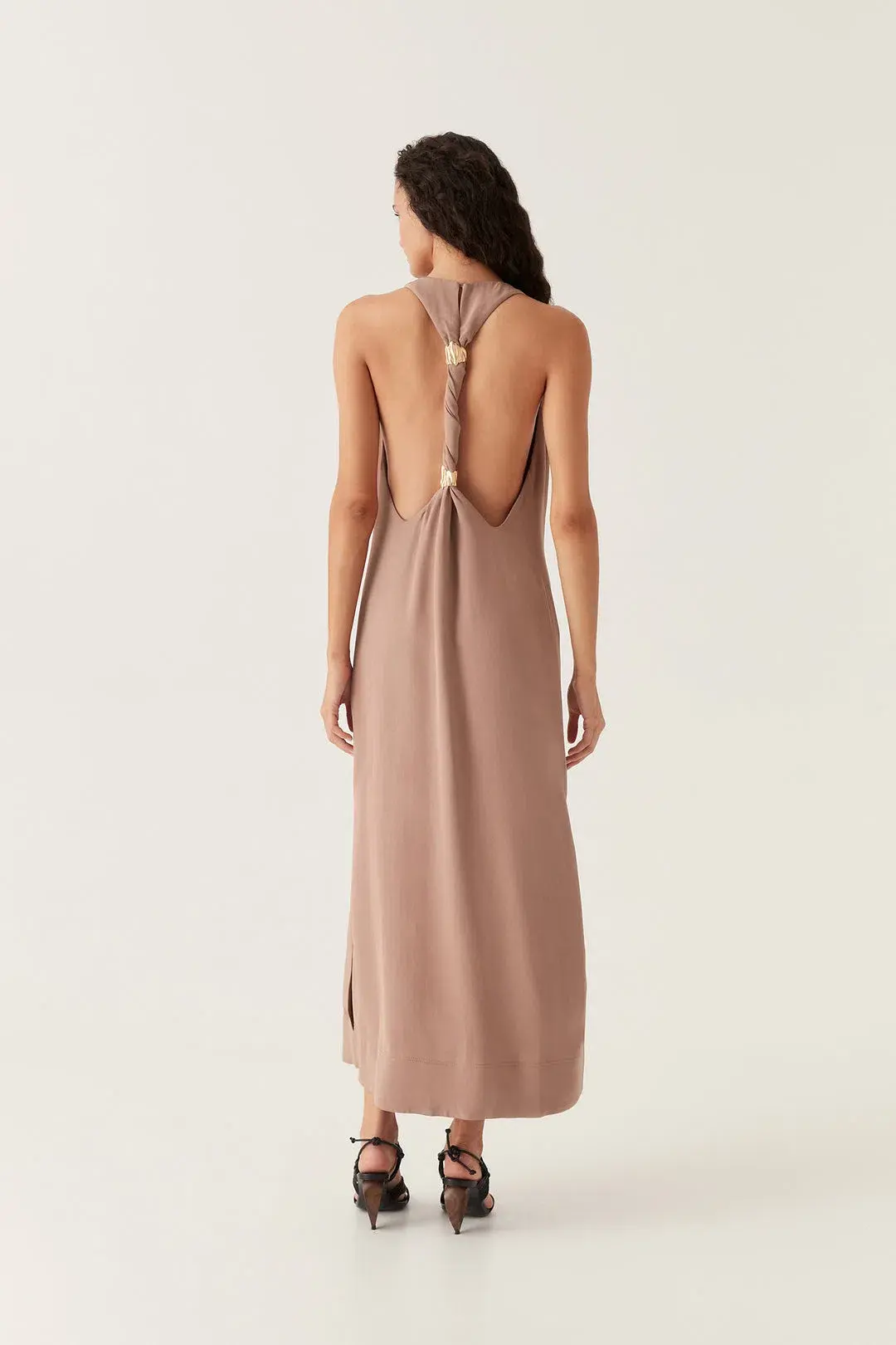 Aje Intrigue Twist Back Midi Dress in Chocolate Brown Size AU 10  - Image 3