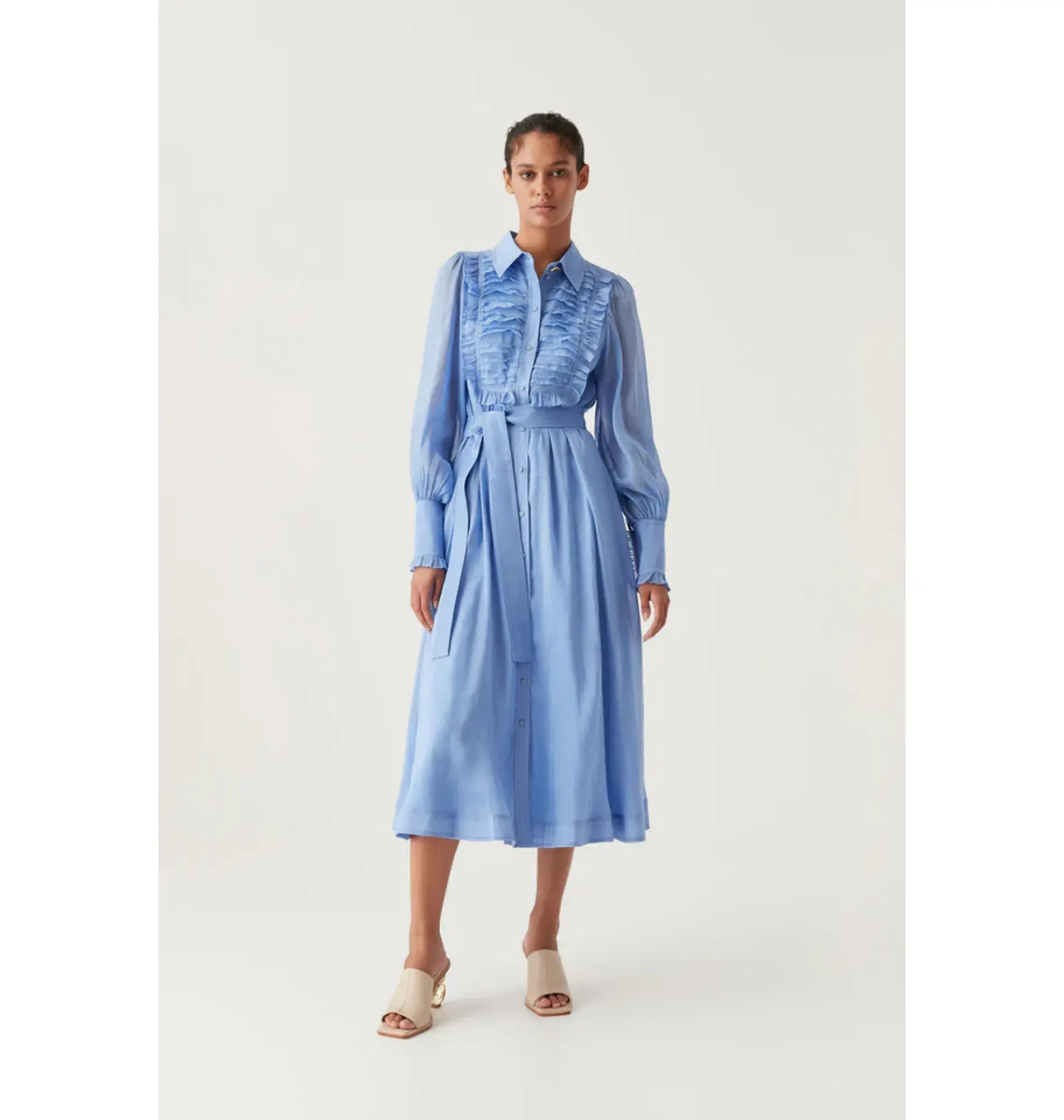Aje Iris Pleated Bib Midi Dress Mist Blue Size AU 12 - Image 1