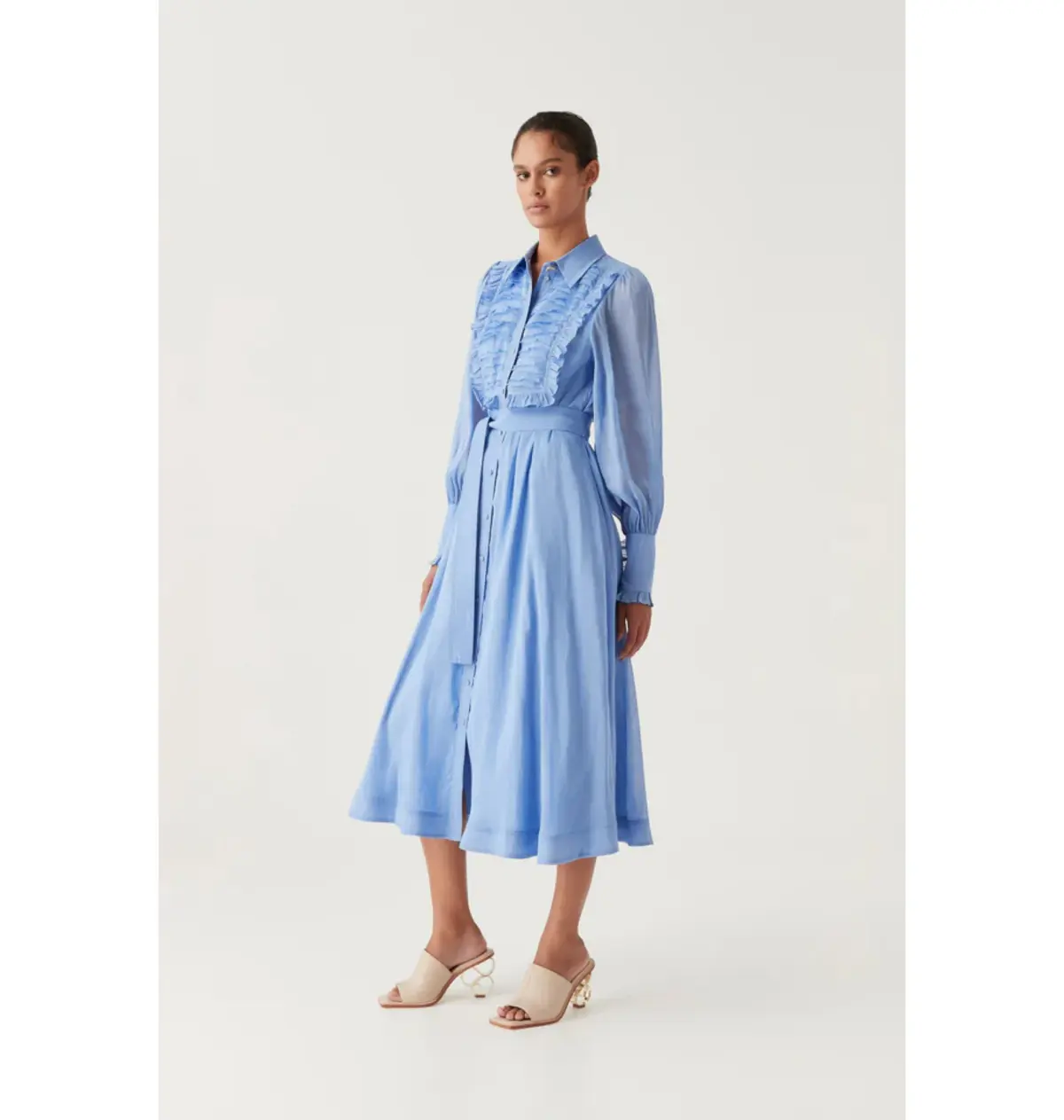 Aje Iris Pleated Bib Midi Dress Mist Blue Size AU 12 - Image 3