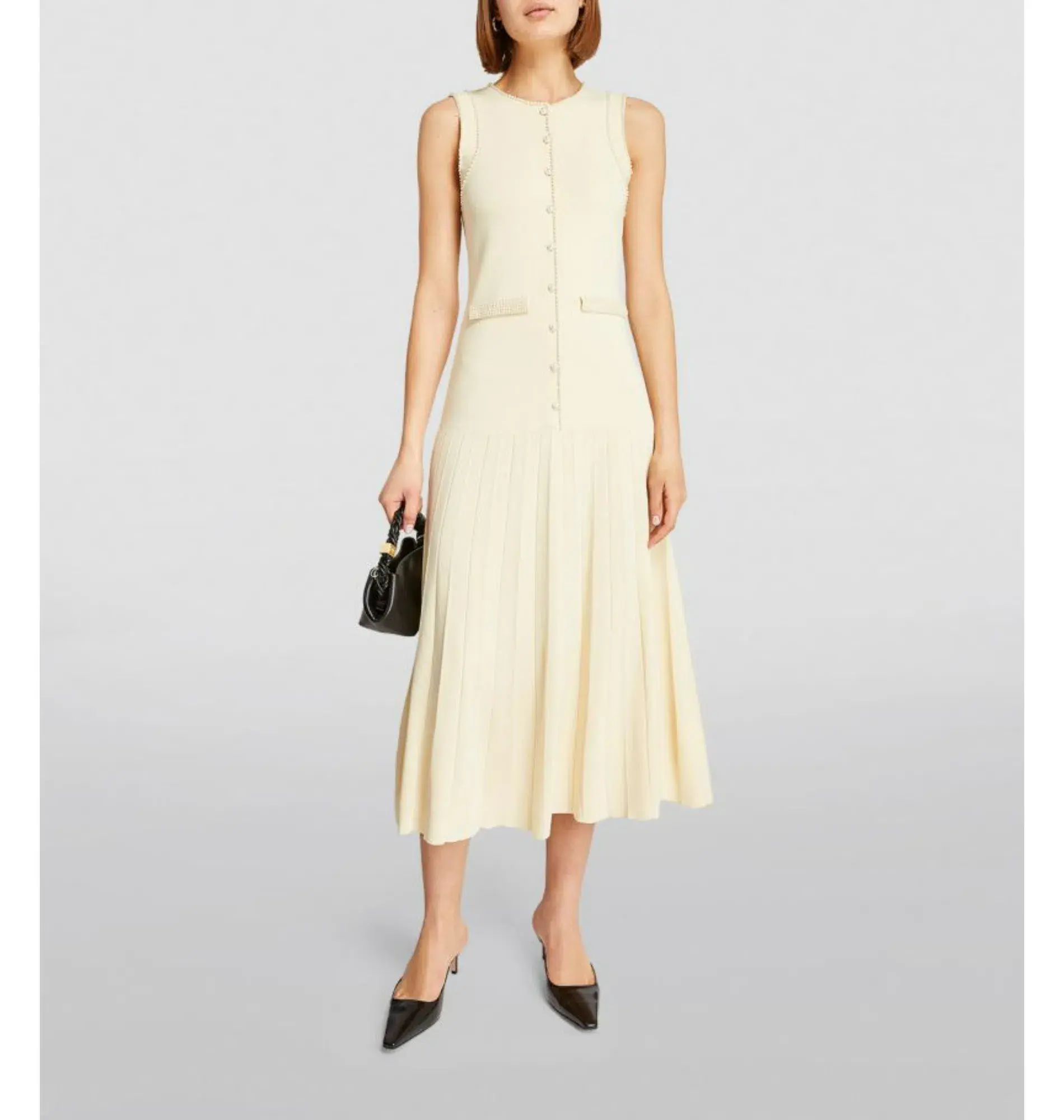 Sandro Pearl Trim Midi Dress Beige Size AU 6 - Image 1