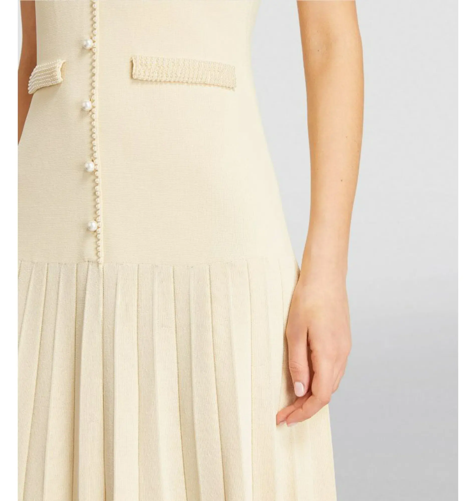 Sandro Pearl Trim Midi Dress Beige Size AU 6 - Image 3