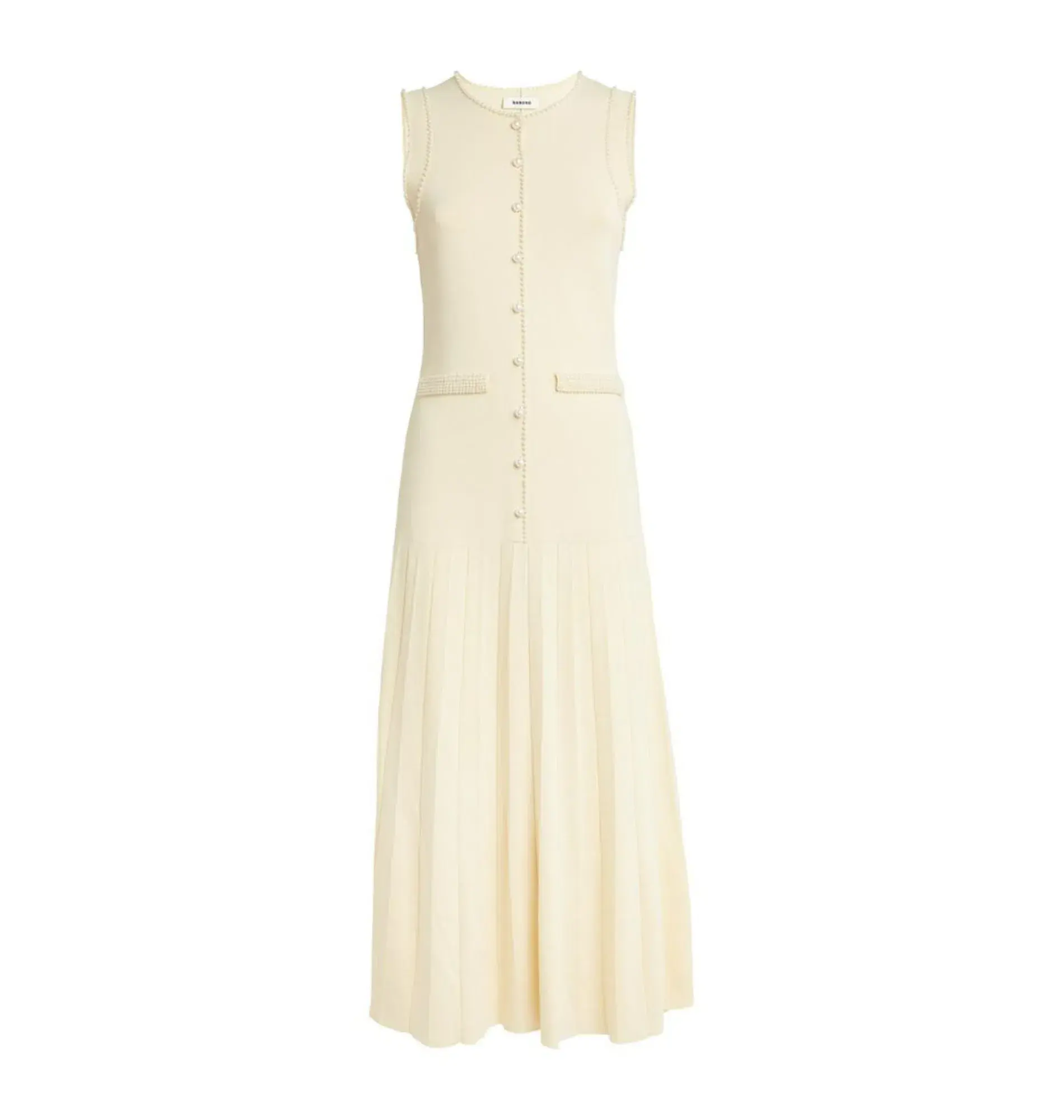 Sandro Pearl Trim Midi Dress Beige Size AU 6 - Image 5