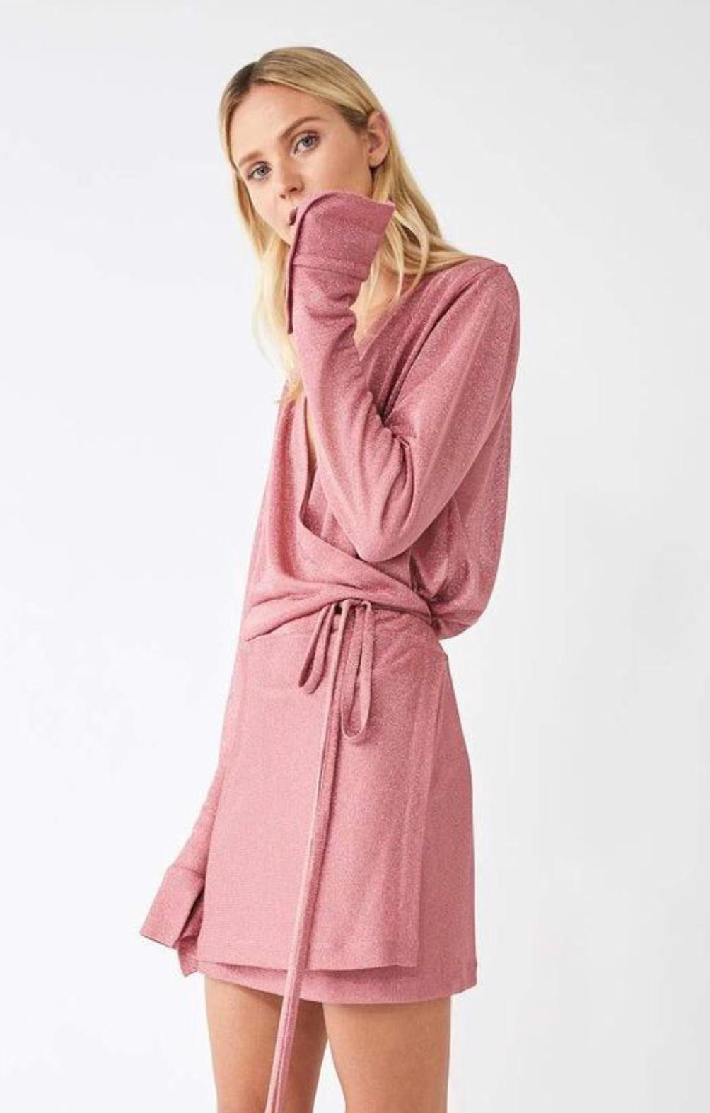 Kacey Devlin Formation Mini Wrap Dress Metallic Pink Size 10 for rent on The Volte - main image