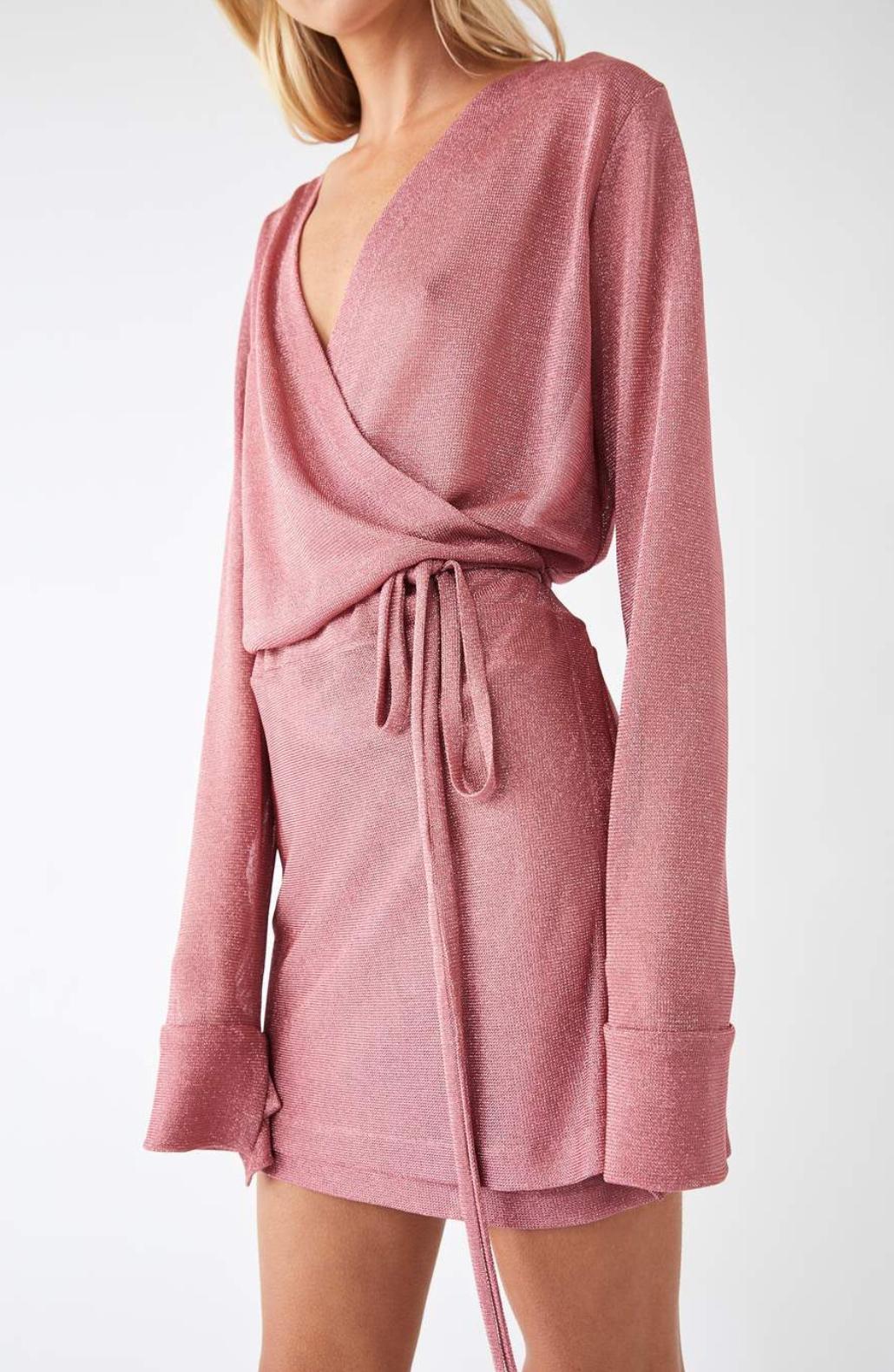 Kacey Devlin Formation Mini Wrap Dress Metallic Pink Size 10 for rent on The Volte - main image