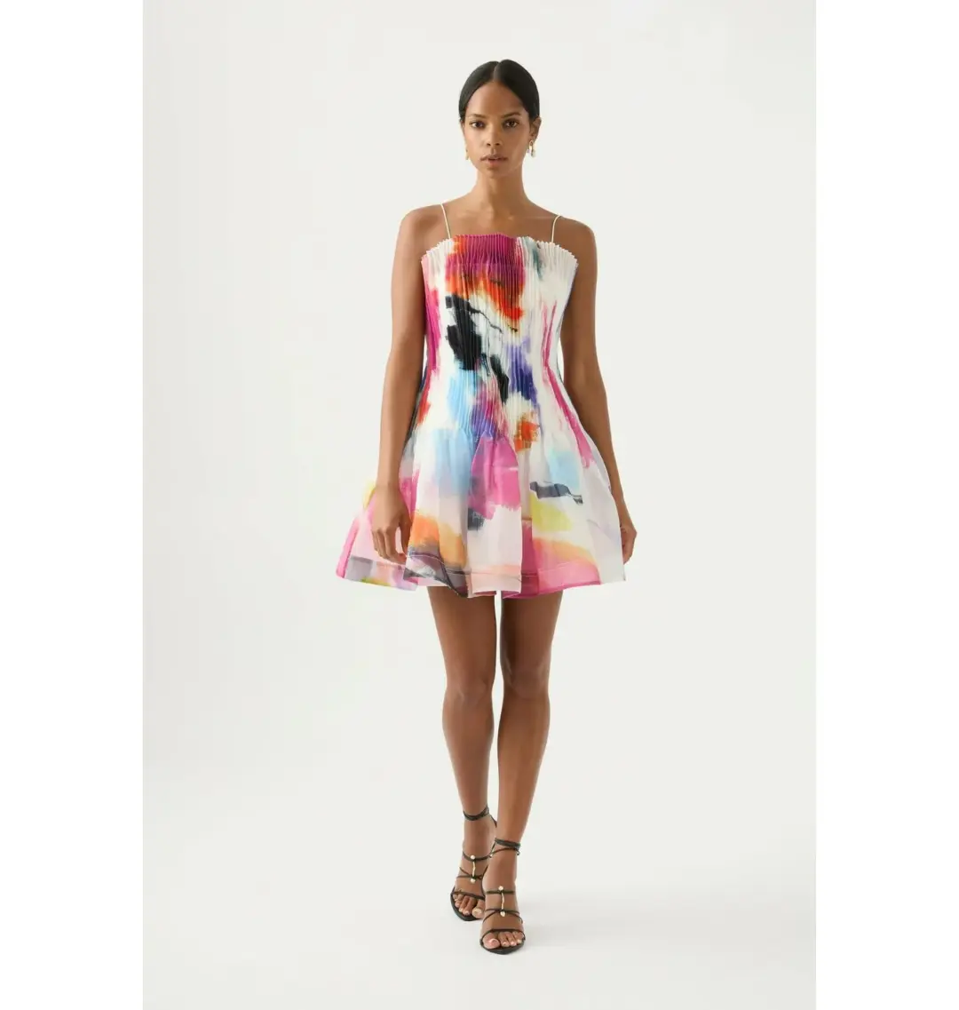 Aje Celestial Pleated Mini Dress Abstract Sunset Size AU 10  for rent on The Volte - main image