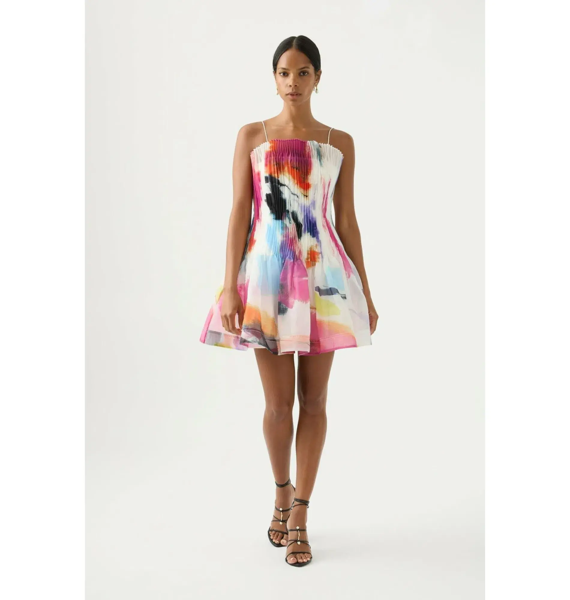 Aje Celestial Pleated Mini Dress Abstract Sunset Size AU 10  - Image 1