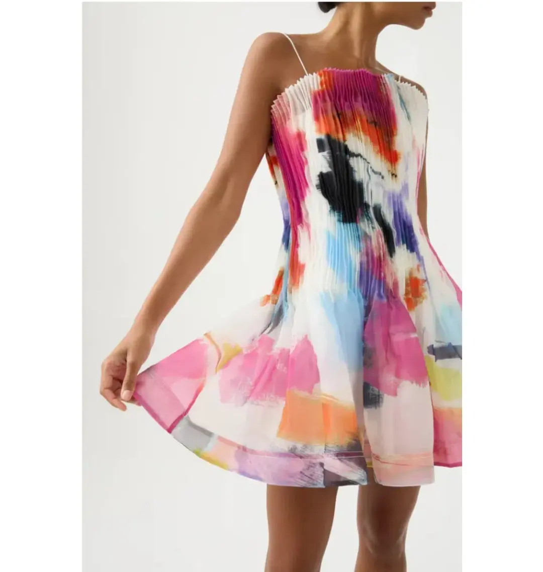 Aje Celestial Pleated Mini Dress Abstract Sunset Size AU 10  for rent on The Volte - main image