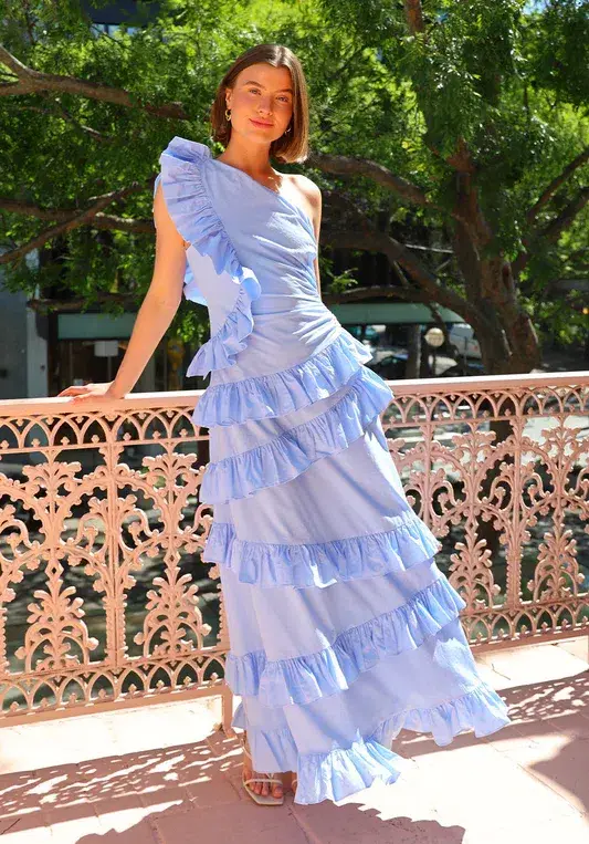 By Nicola Adrift Frill Maxi Dress in Cornflower Blue Size AU 12 - Image 1