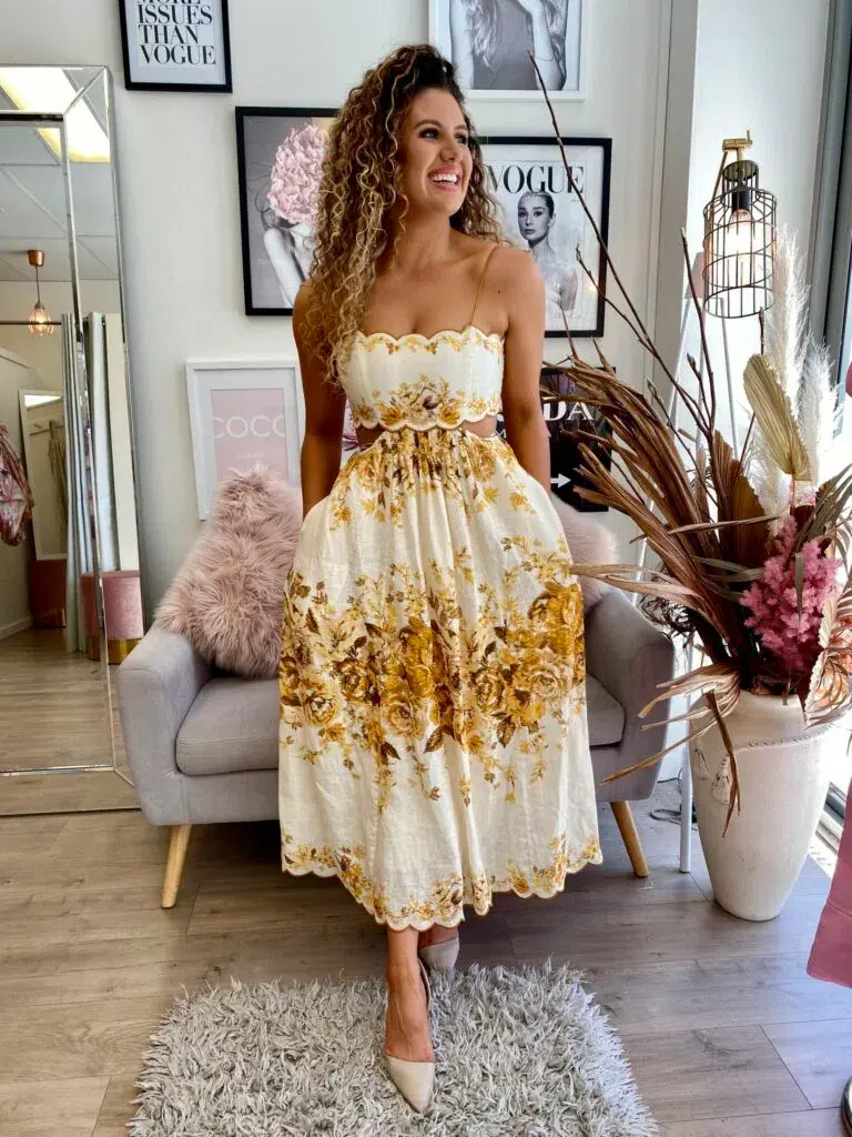 Zimmermann Aliane Scallop Midi Dress Amber Floral Size 8 for rent on The Volte - main image