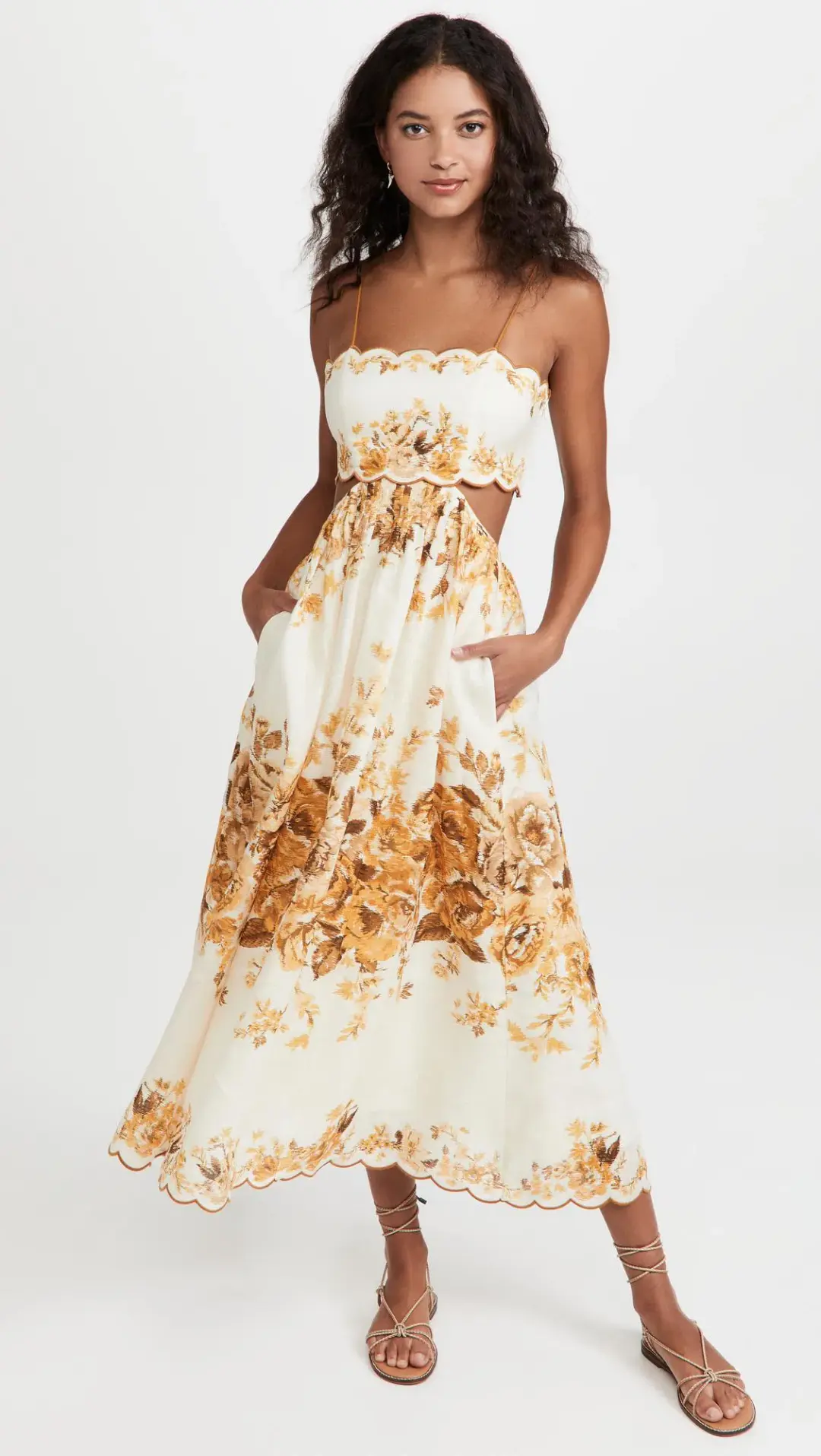 Zimmermann Aliane Scallop Midi Dress Amber Floral Size 8 for rent on The Volte - main image