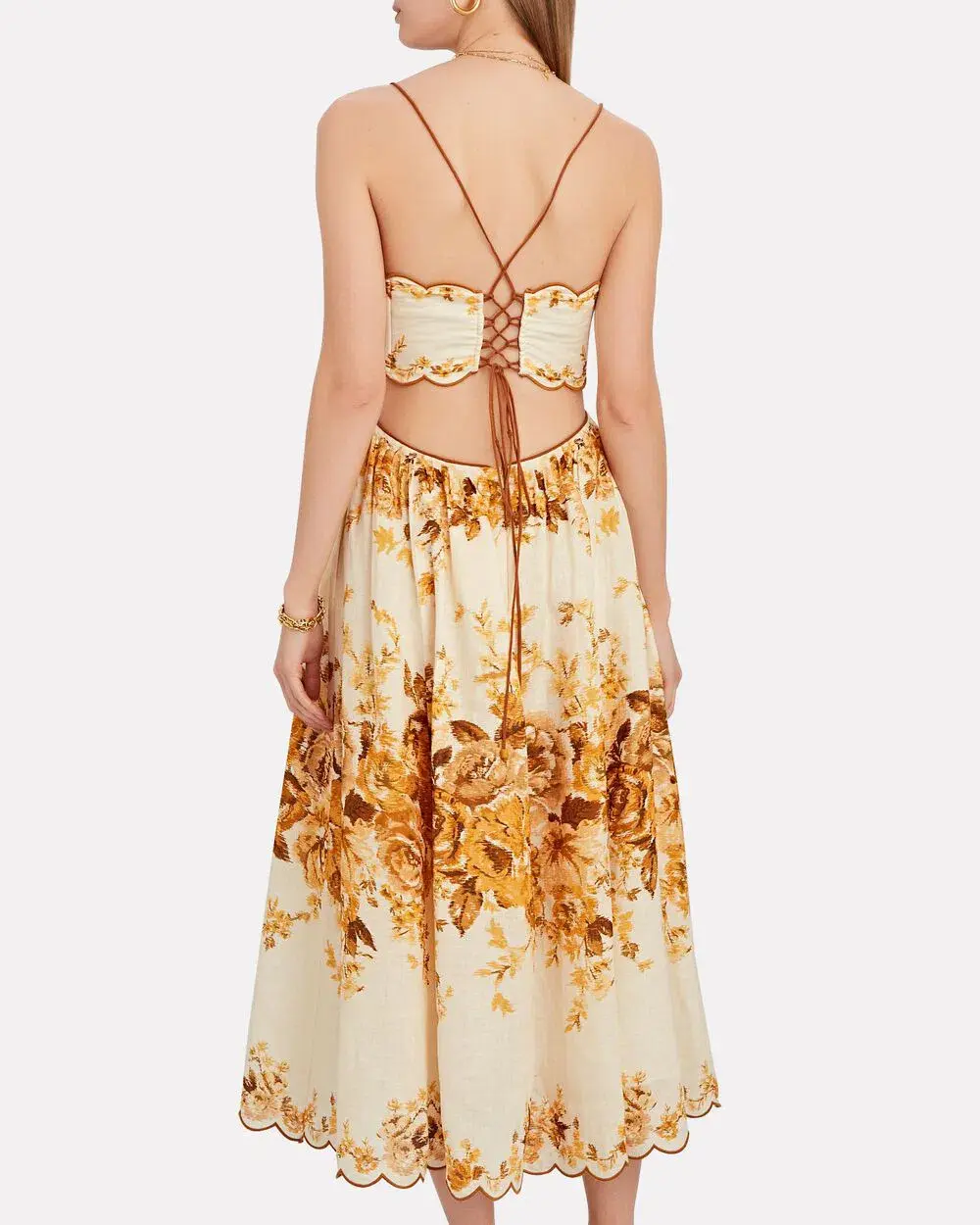 Zimmermann Aliane Scallop Midi Dress Amber Floral Size 8 for rent on The Volte - main image