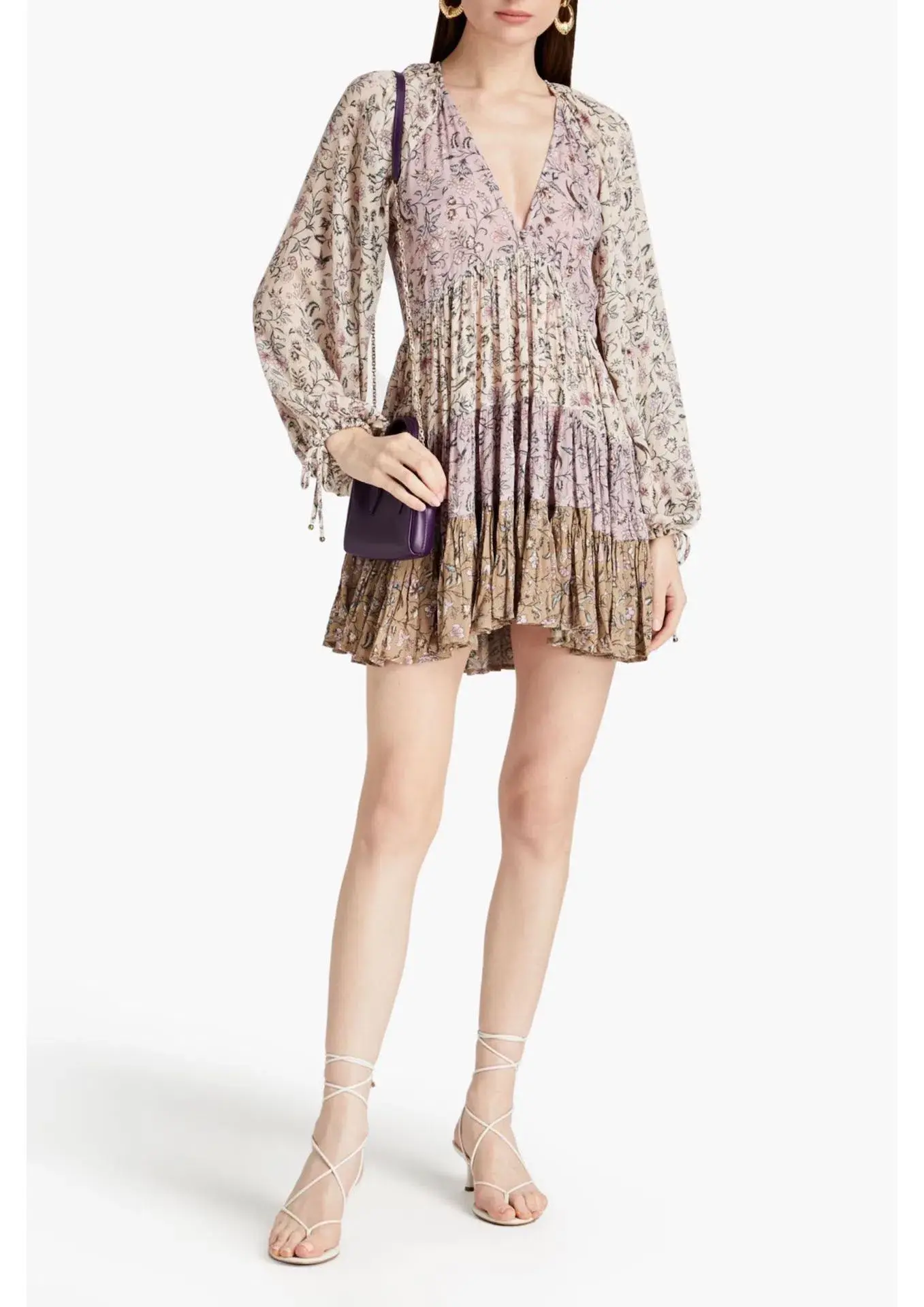 Tigerlily Livana Fabia Patchwork Long Sleeve Mini Dress Lilac Floral Size 12 - Image 1