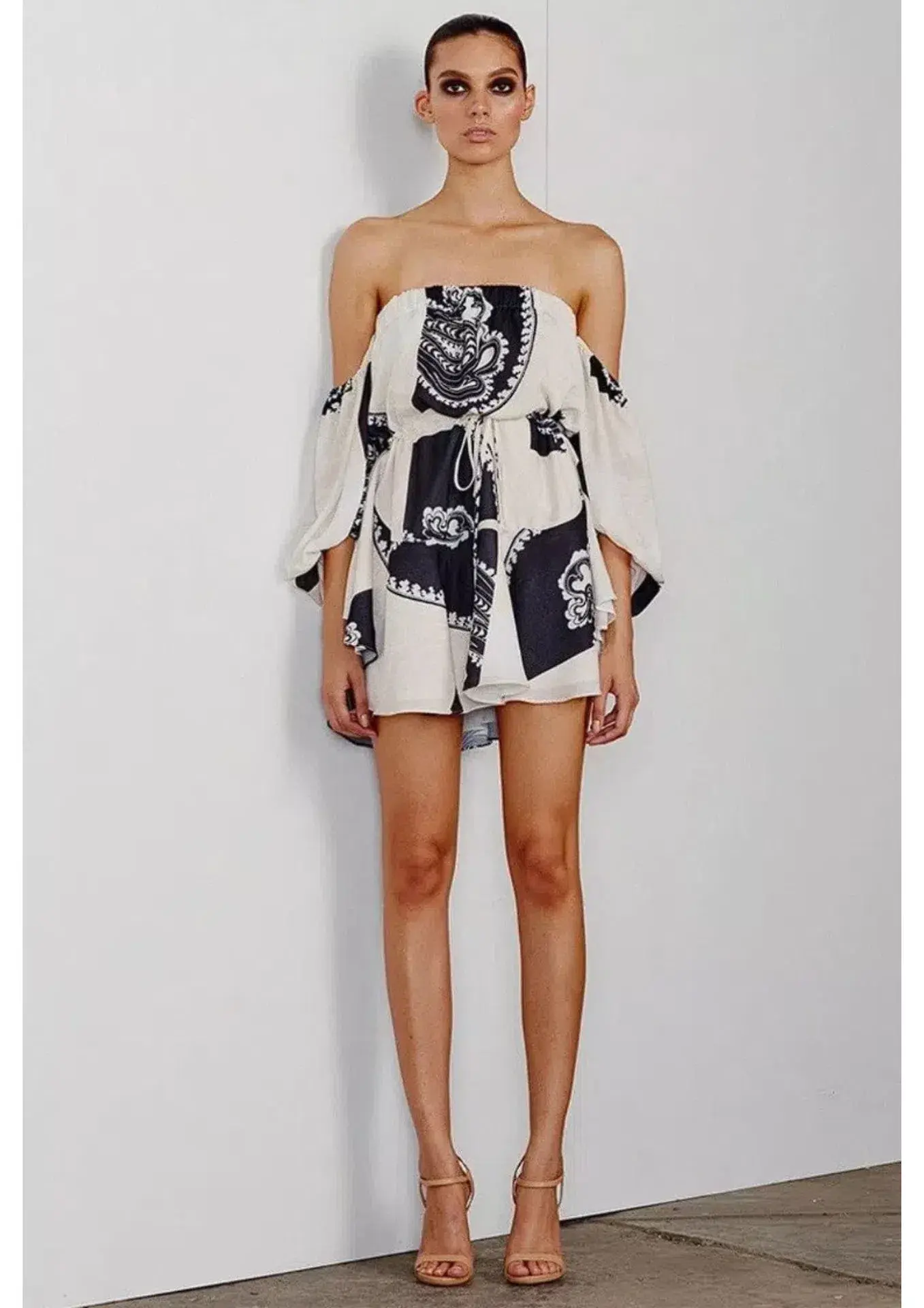 Shona Joy Manuela Off The Shoulder Drawstring Mini Dress Print Size AU 6 - Image 1