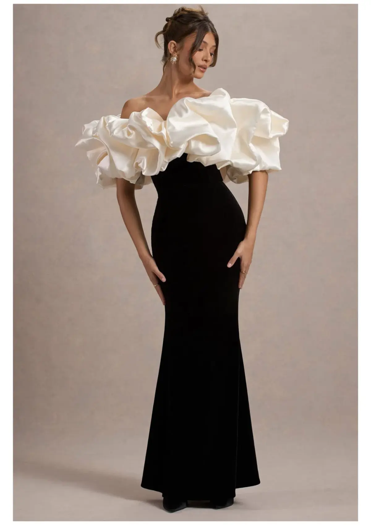 Club L London Cecily Velvet Bardot Maxi Dress With Satin Ruffle Trim Black Size 6 - Image 1