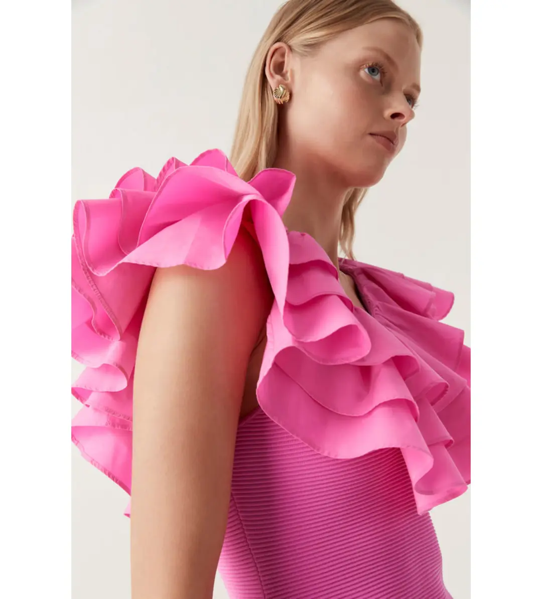 AJE Transcendent Ruffle Midi Dress Cerise Pink Size 8  for rent on The Volte - main image