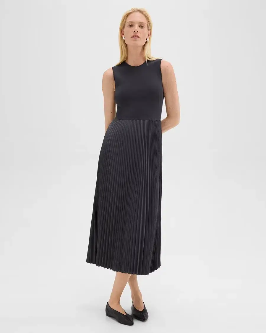 Theory Pleated Combo Dress in Stretch Wool-Blend Navy Size 6 - Image 1