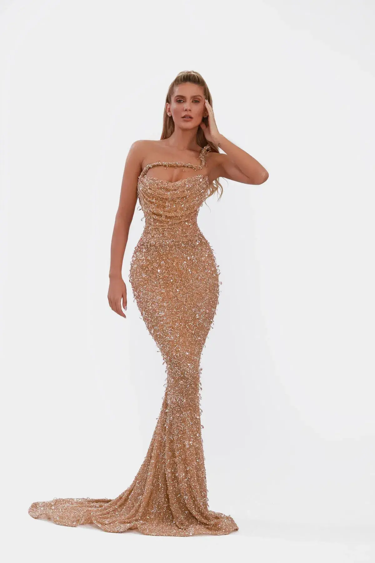 Albina Dyla Nude Crystal Maxi Dress Nude Size 8 - Image 1