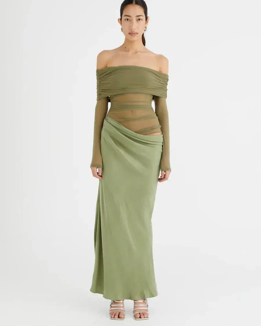 Benni Yasmin Off-Shoulder Maxi Dress Pistachio Size 8  - Image 1
