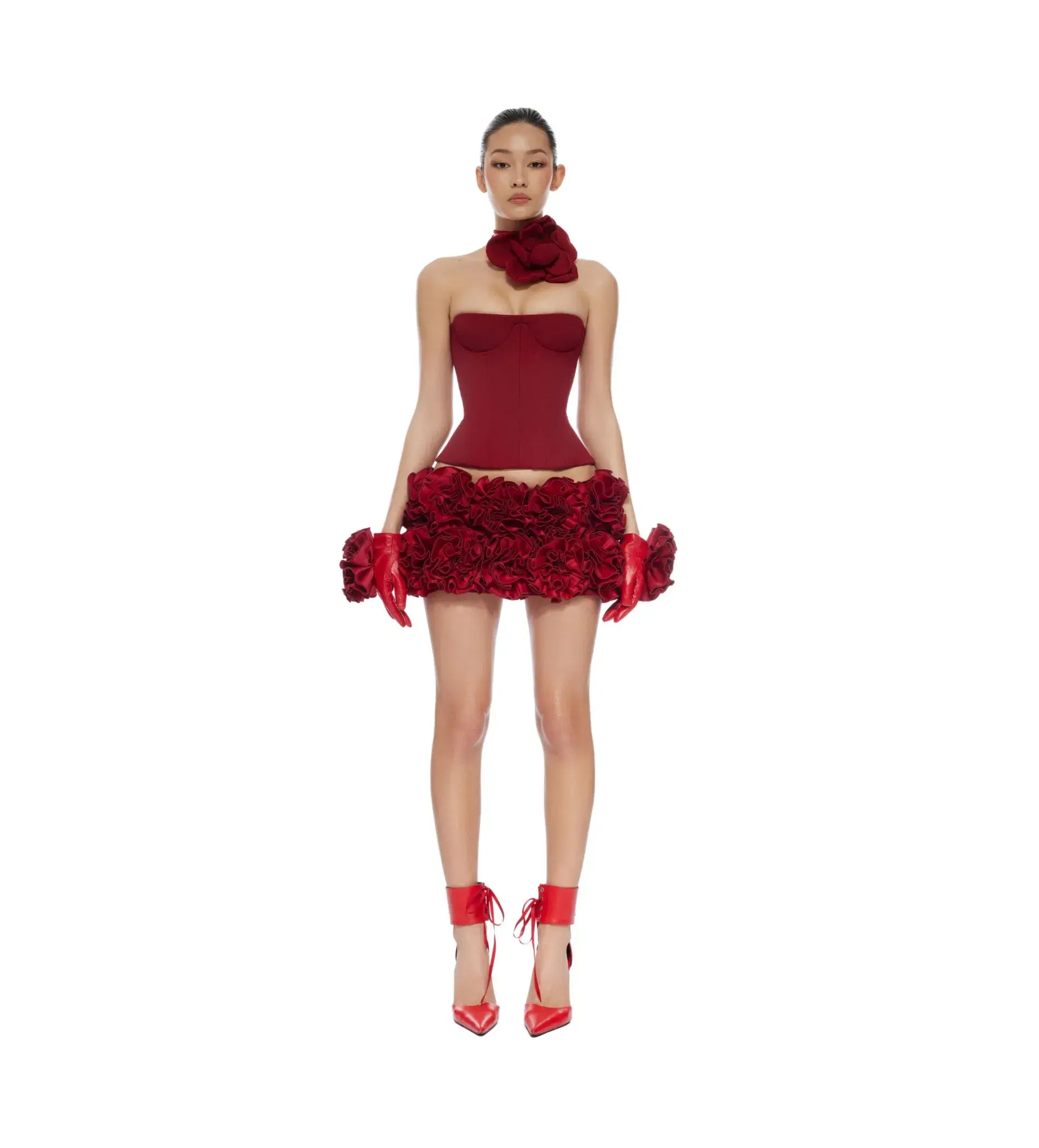Fanci Club Paradise Cupped Corset and Hand-embroidered Rose Mini Skirt Set Red Size S/Au 8  - Image 1