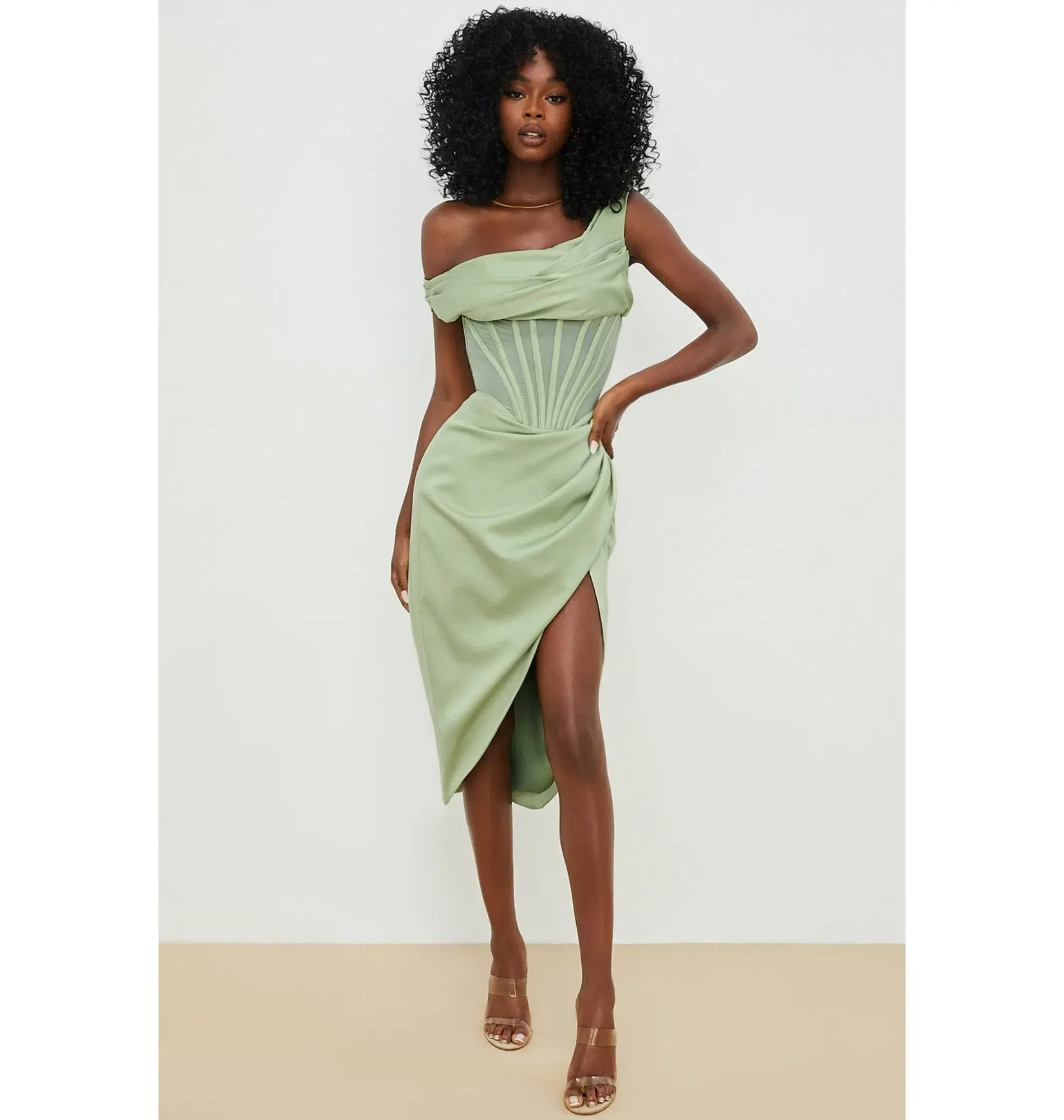 House of CB Lulu Asymmetric Drape Midi Corset Dress in Pistachio Size XS / AU 6 - Image 1