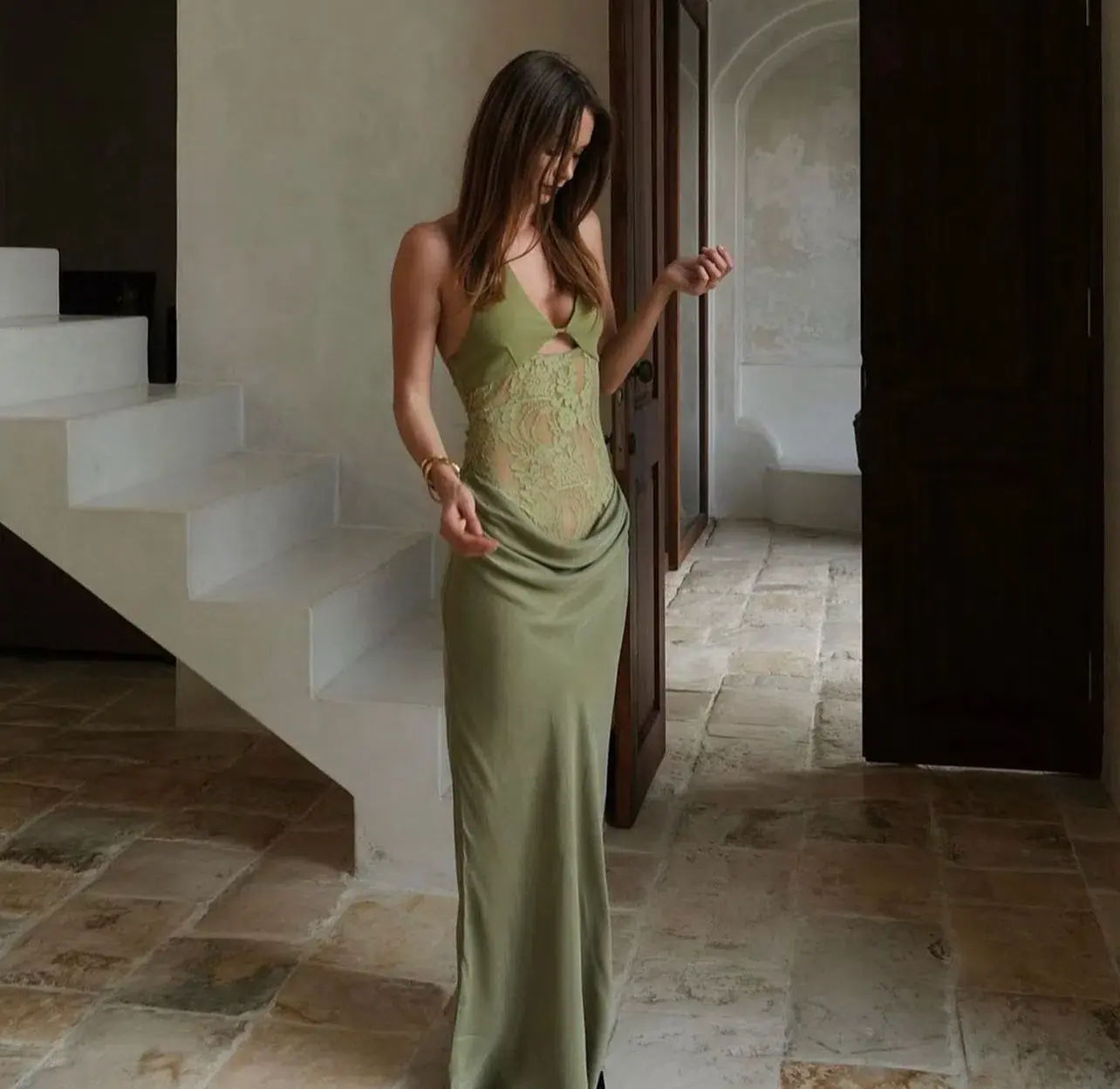 Benni Miko Lace Halter Midi Dress Pear Size AU 8 - Image 5