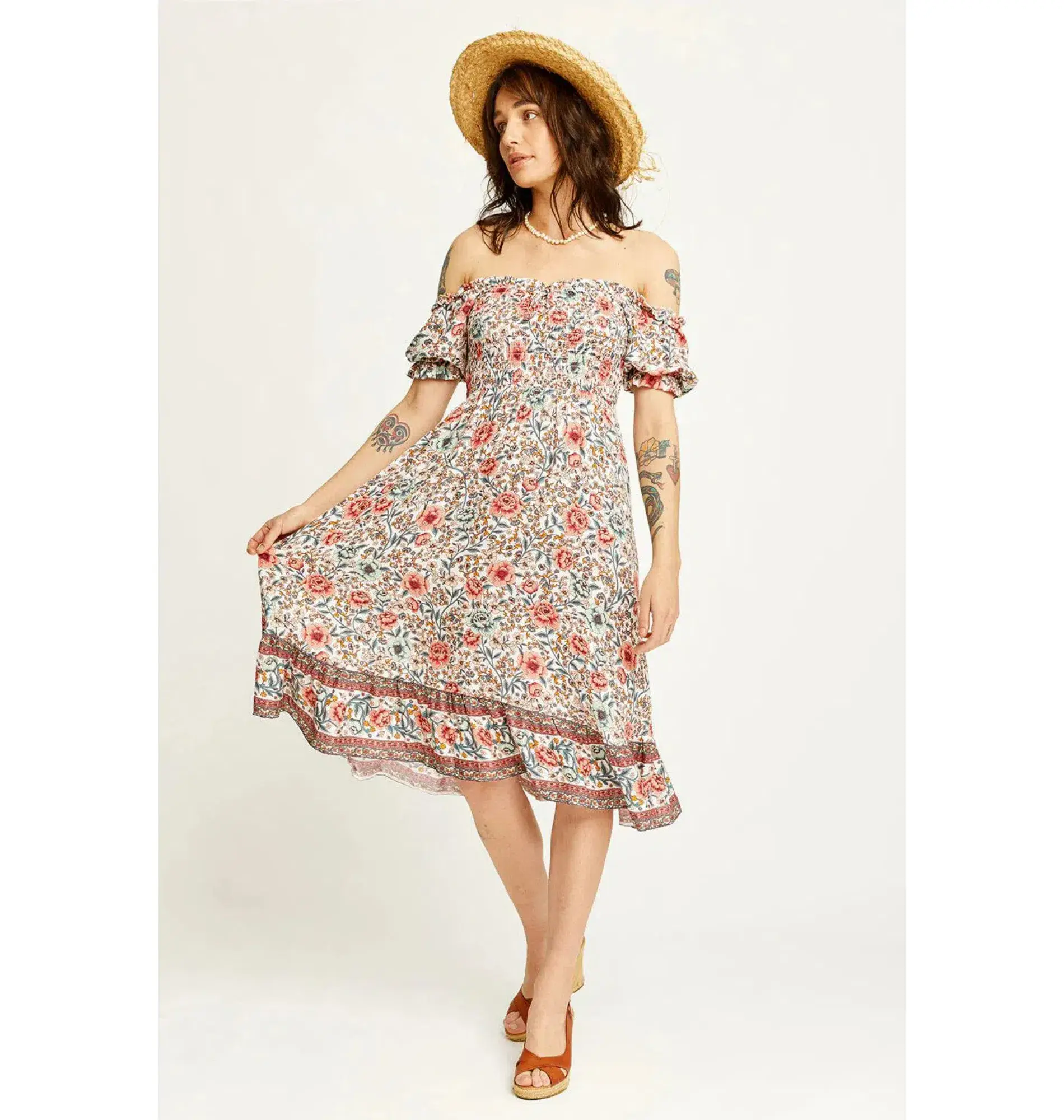 Arnhem Juliette Shirred Midi Dress in Ivory Rose Size AU 8  - Image 1