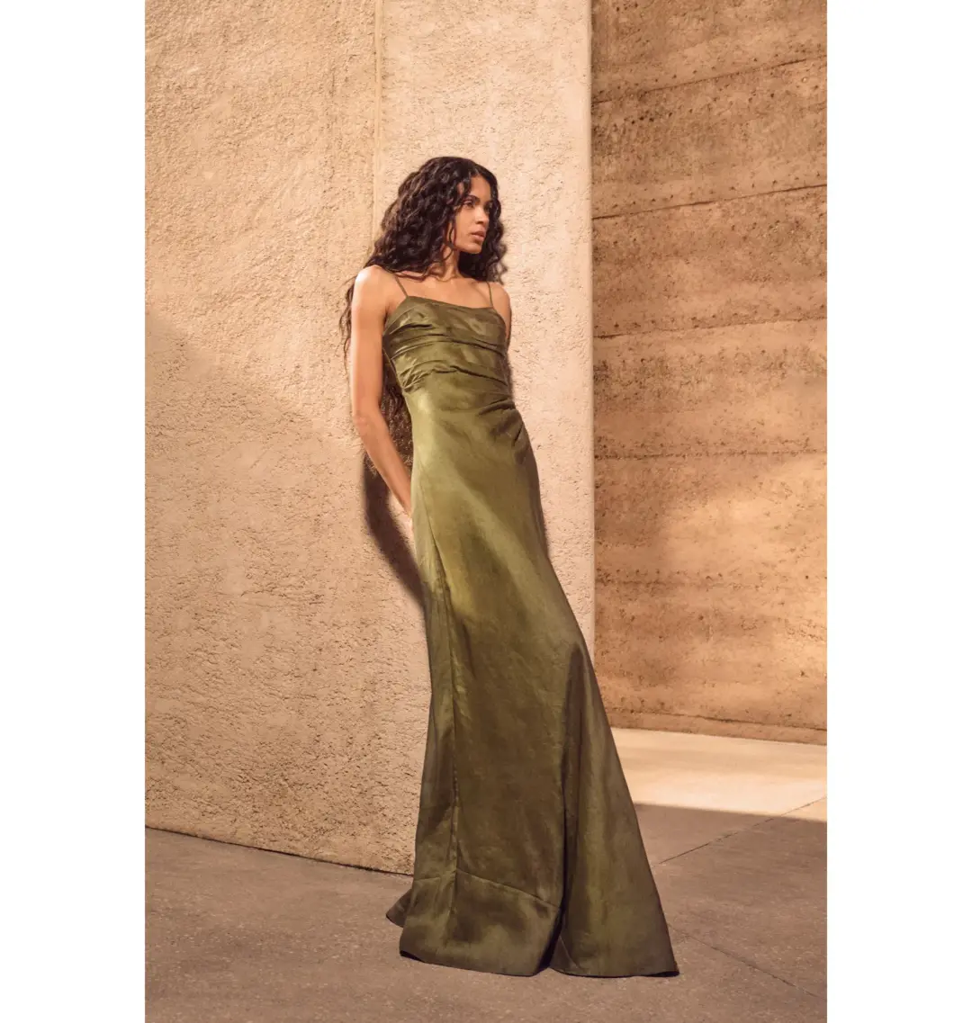 Aje Clarice Draped Maxi Dress Deep Olive Size AU 14 for rent on The Volte - main image