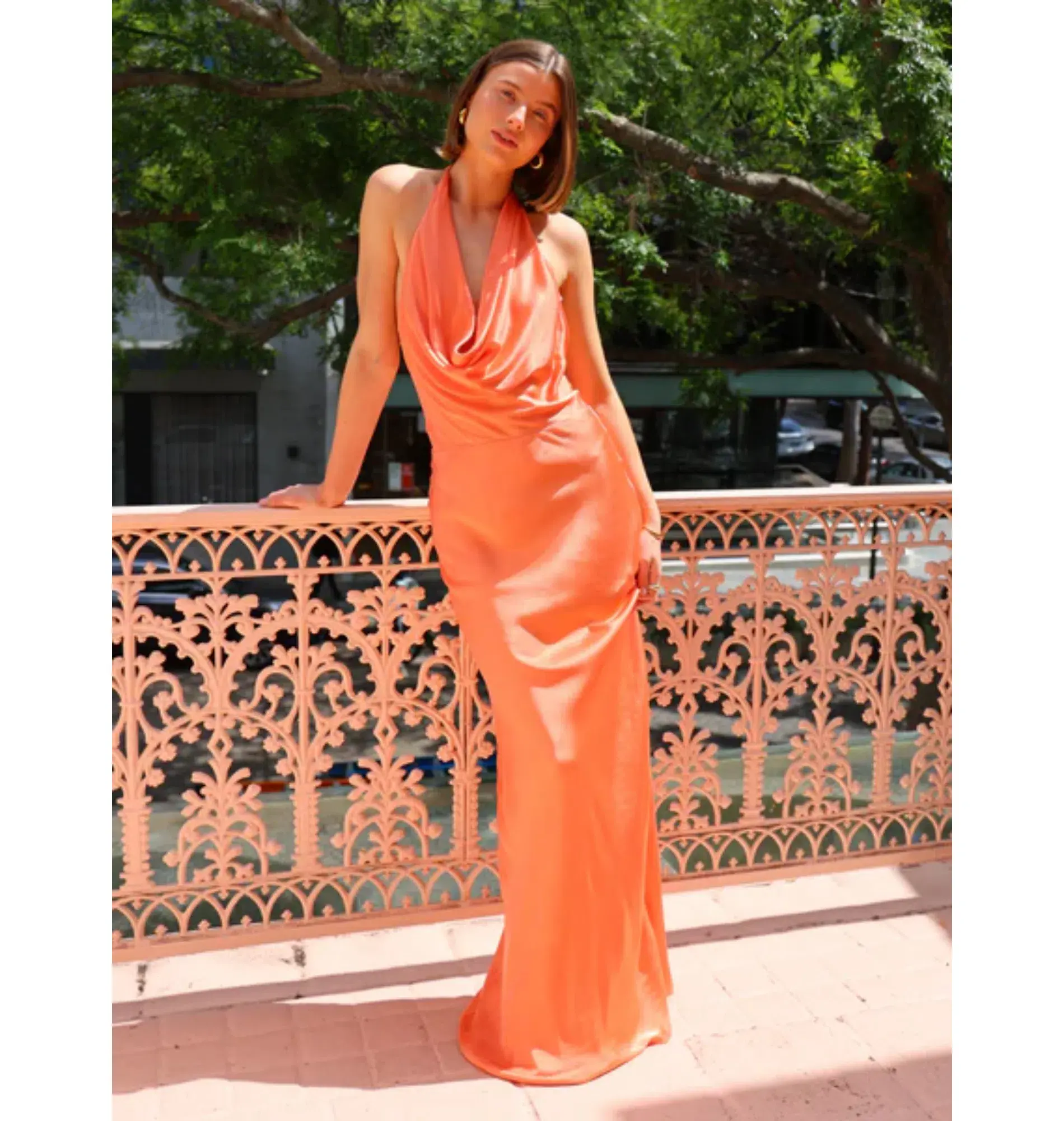By Nicola Gigi Backlesss Cowl Neck Maxi Dress in Mango - Image 1