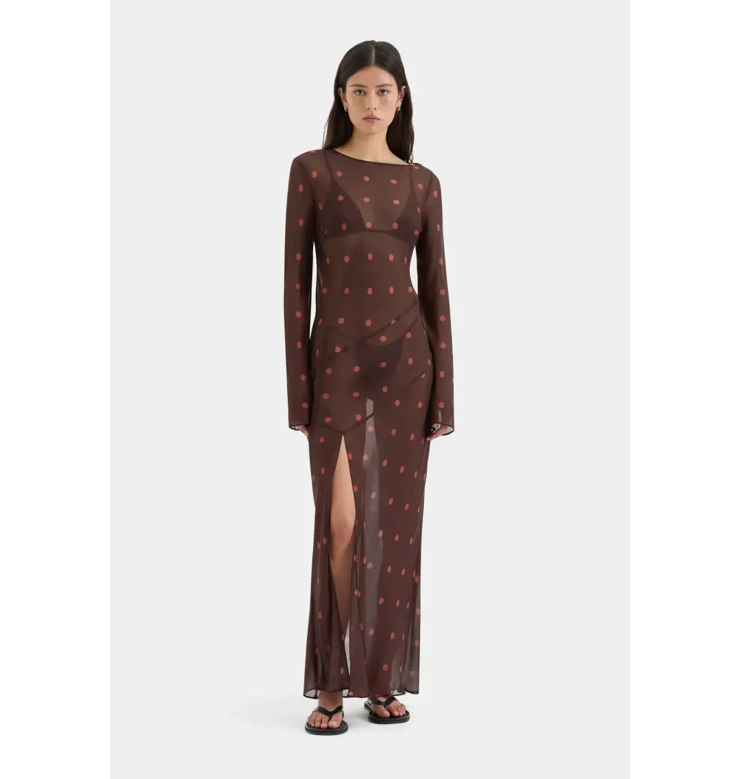 Sir The Label Toni Long Sleeve Dress in Chocolate Polka Dot Size 1 / AU 8 for rent on The Volte - main image