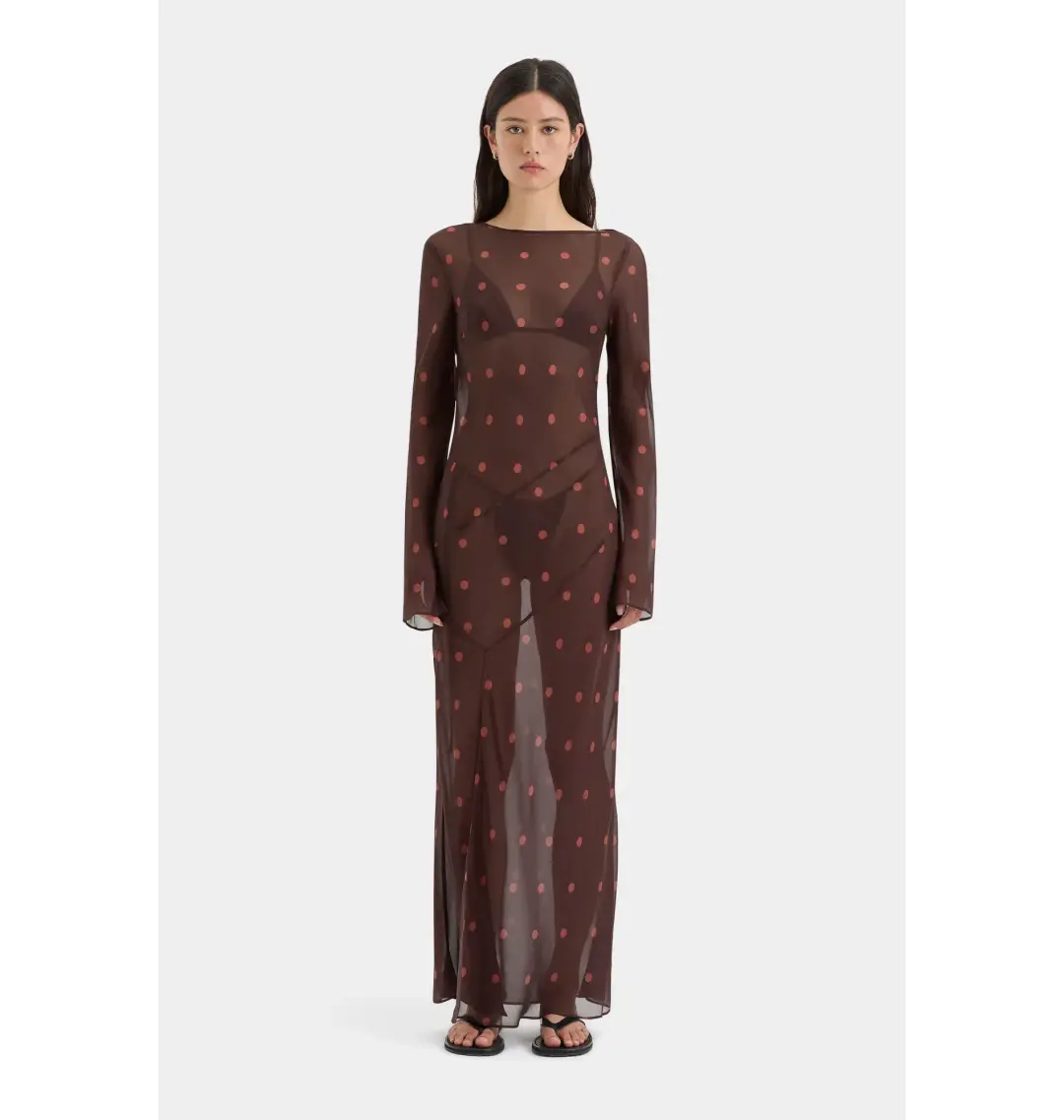 Sir The Label Toni Long Sleeve Dress in Chocolate Polka Dot Size 1 / AU 8 for rent on The Volte - main image