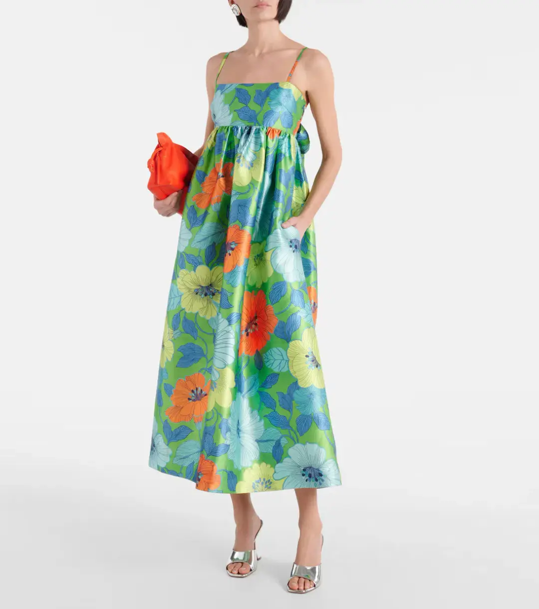 Alemais Calypso Floral Satin Midi Dress Green Blue Flower Print Size 10 AU for rent on The Volte - main image