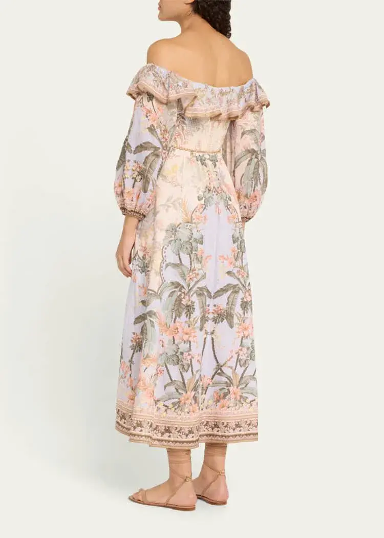 Zimmermann Wylie Off Shoulder Midi Dress Blue Floral Size 3 / AU 14 - Image 6
