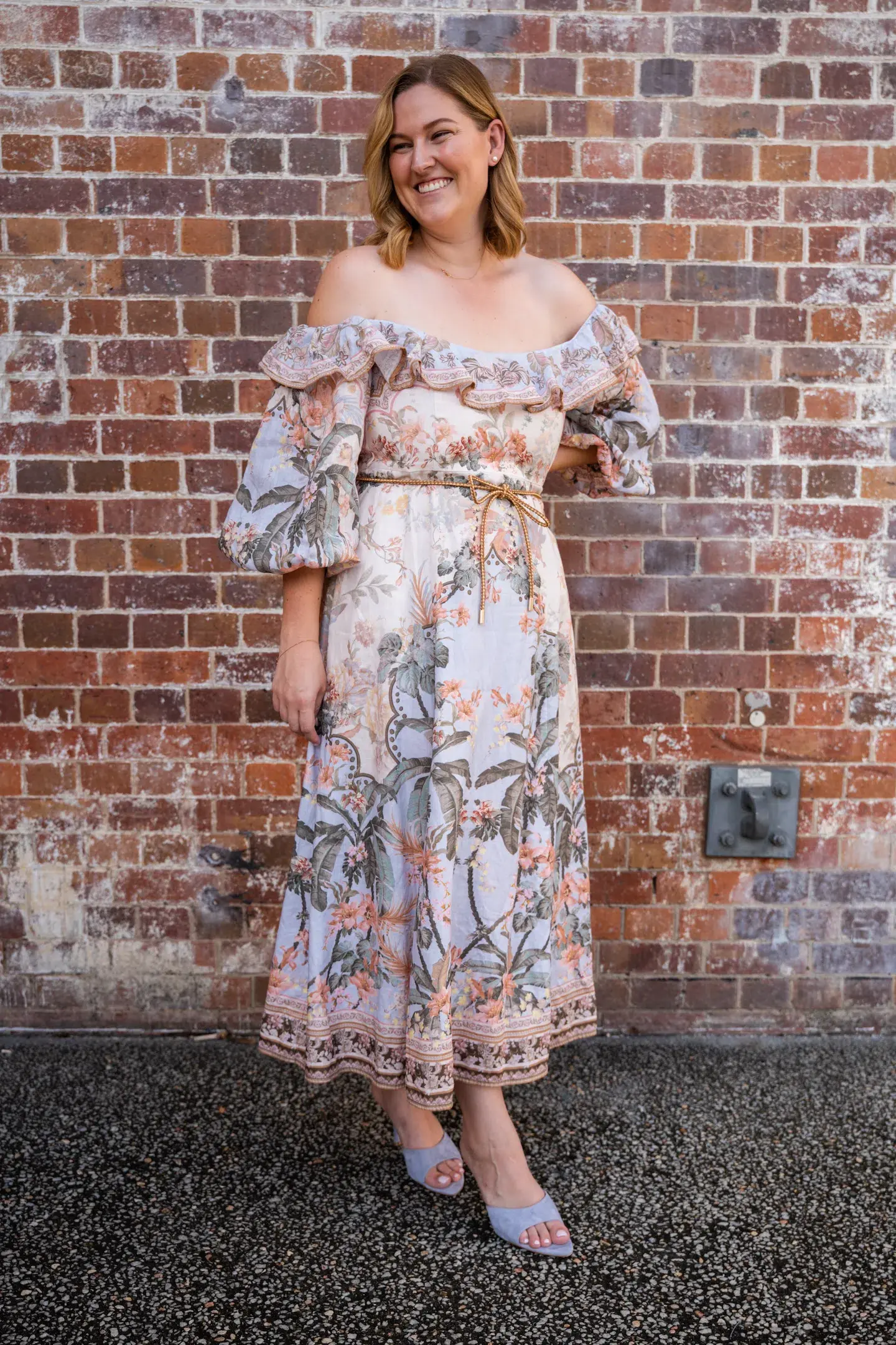 Zimmermann Wylie Off Shoulder Midi Dress Blue Floral Size 3 / AU 14 - Image 1