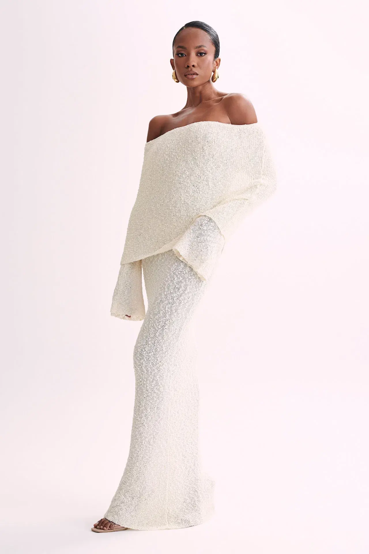 Meshki Marisol Off Shoulder Boucle Maxi Dress Ivory Size 10 - Image 1