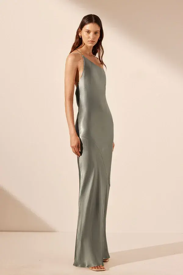 Shona Joy La Lune One Shoulder Cowl Back Maxi Dress Sage Green Size S / AU 8 - Image 2