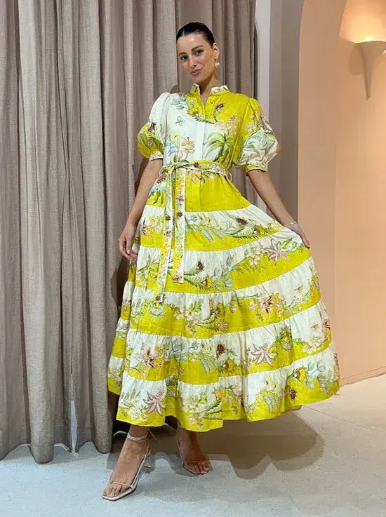 Alemais Ira Tiered Midi Dress Lemon/Cream Size 14 - Image 1