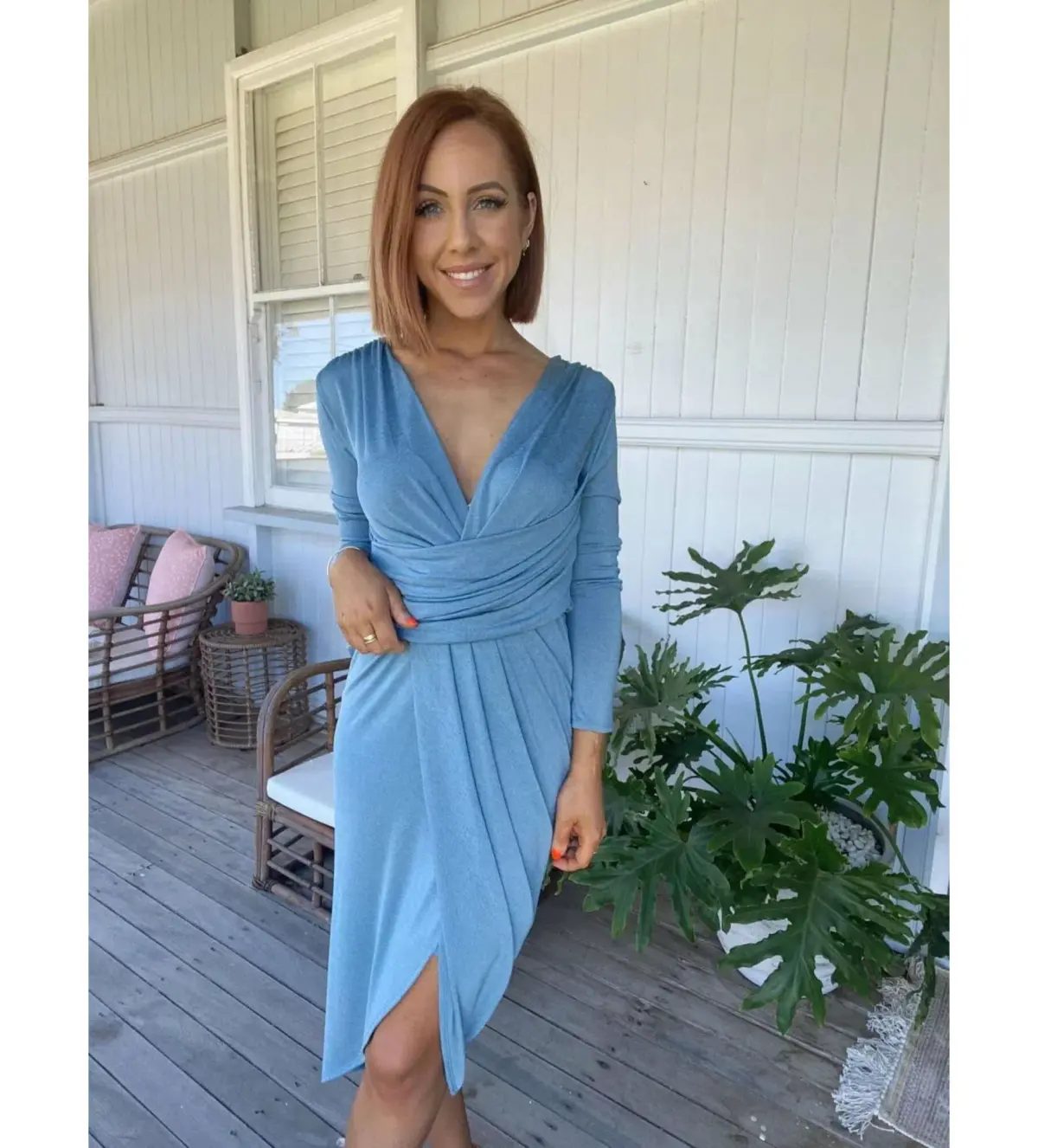 Sheike Isla Wrap Jersey Long Sleeve Drape Front Stretch Midi Dress Blue Size 16  - Image 1