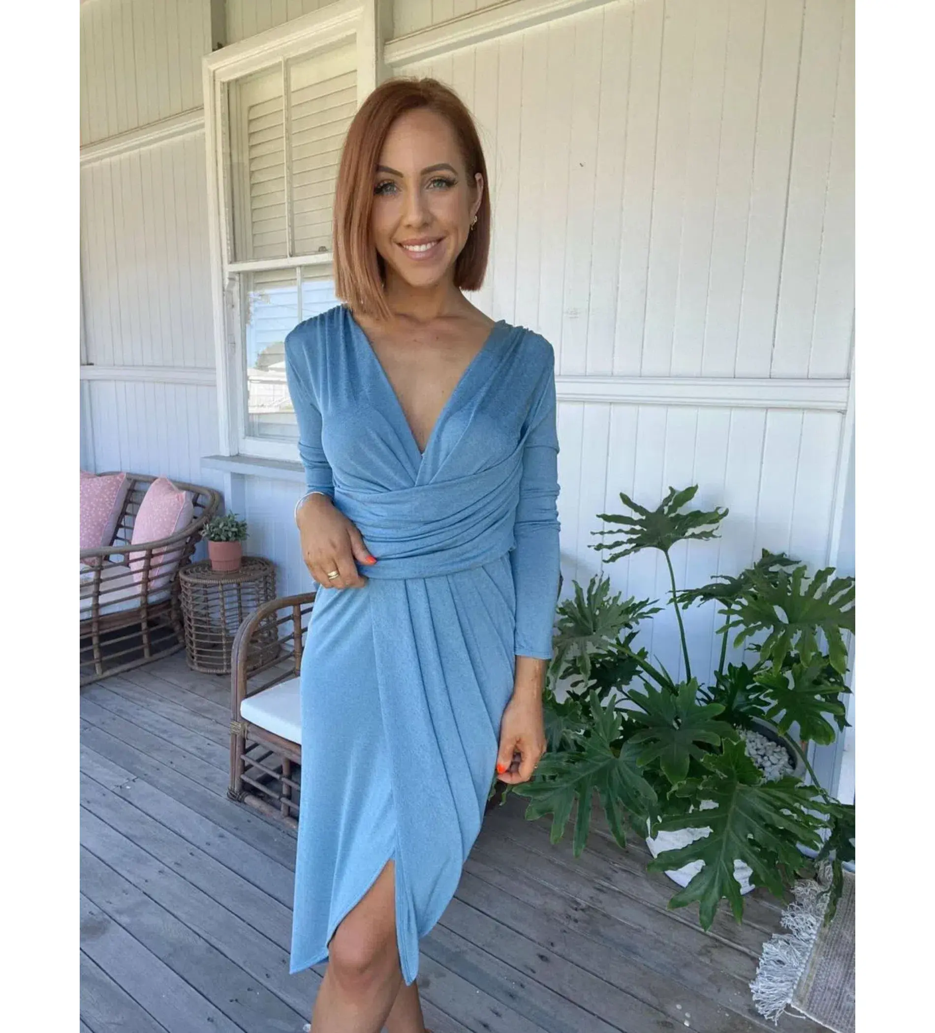 Sheike Isla Wrap Jersey Long Sleeve Drape Front Stretch Midi Dress Blue Size 16  - Image 1