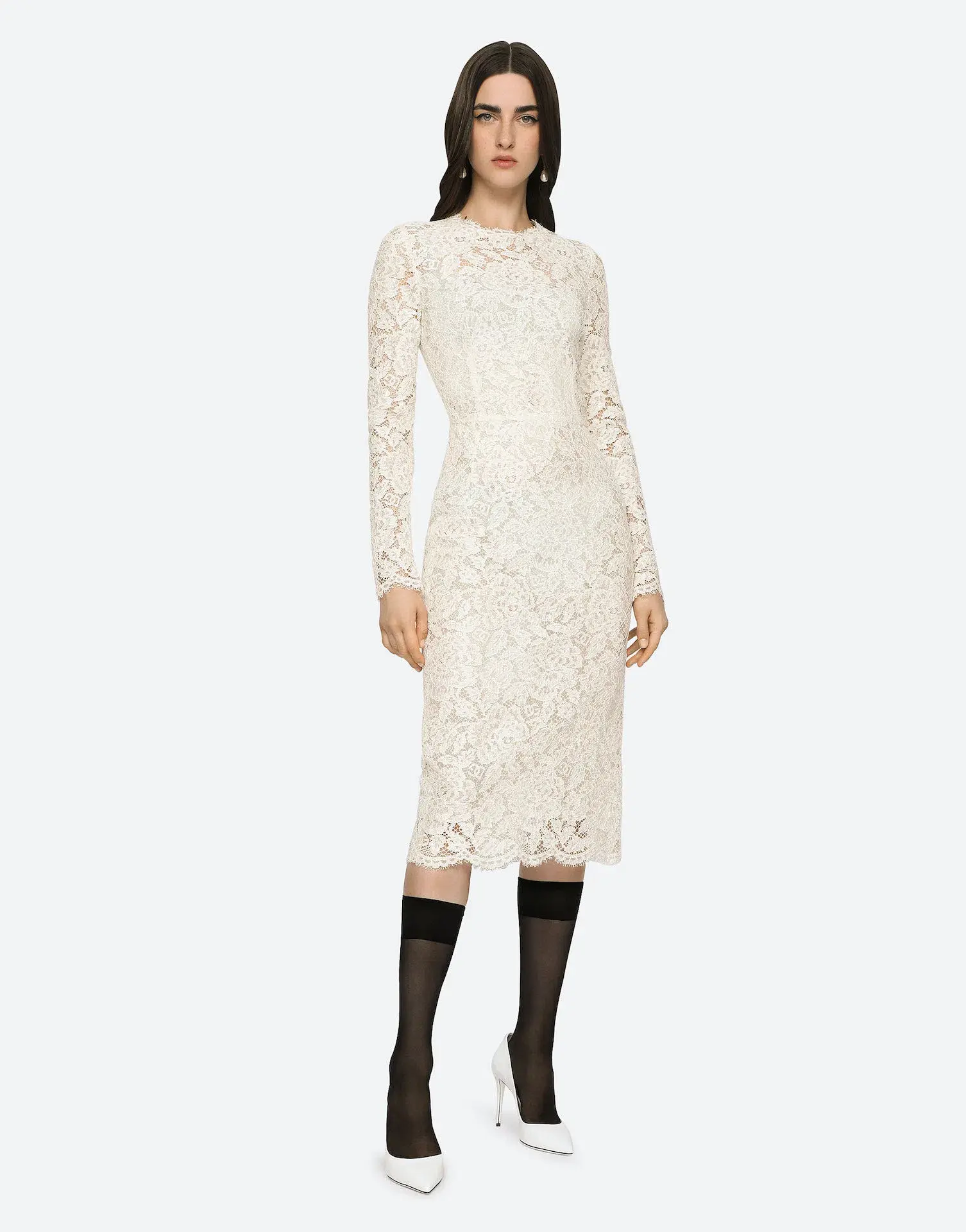 Dolce & Gabbana Branded Stretch Silk Lace Midi Dress Cream Size 36 (AU 6) - Image 1